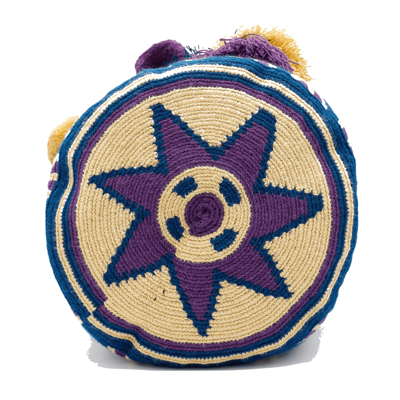 Kate Crochet Tote Bag - Large Size with Tassels & Pom Poms, Dark Ocean Blue, Plum, Beige. Unique accessory for travel and work.