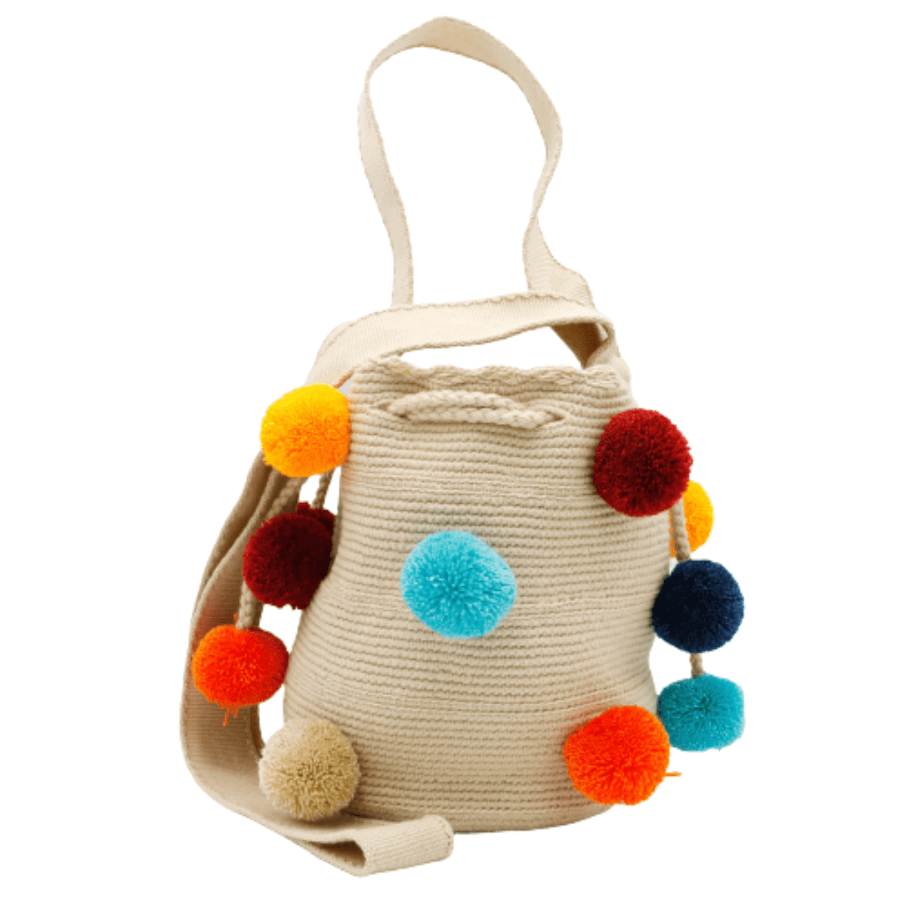 Koya crochet bag Medium in beige color with vibrant pom poms, a stylish and eye-catching accessory.