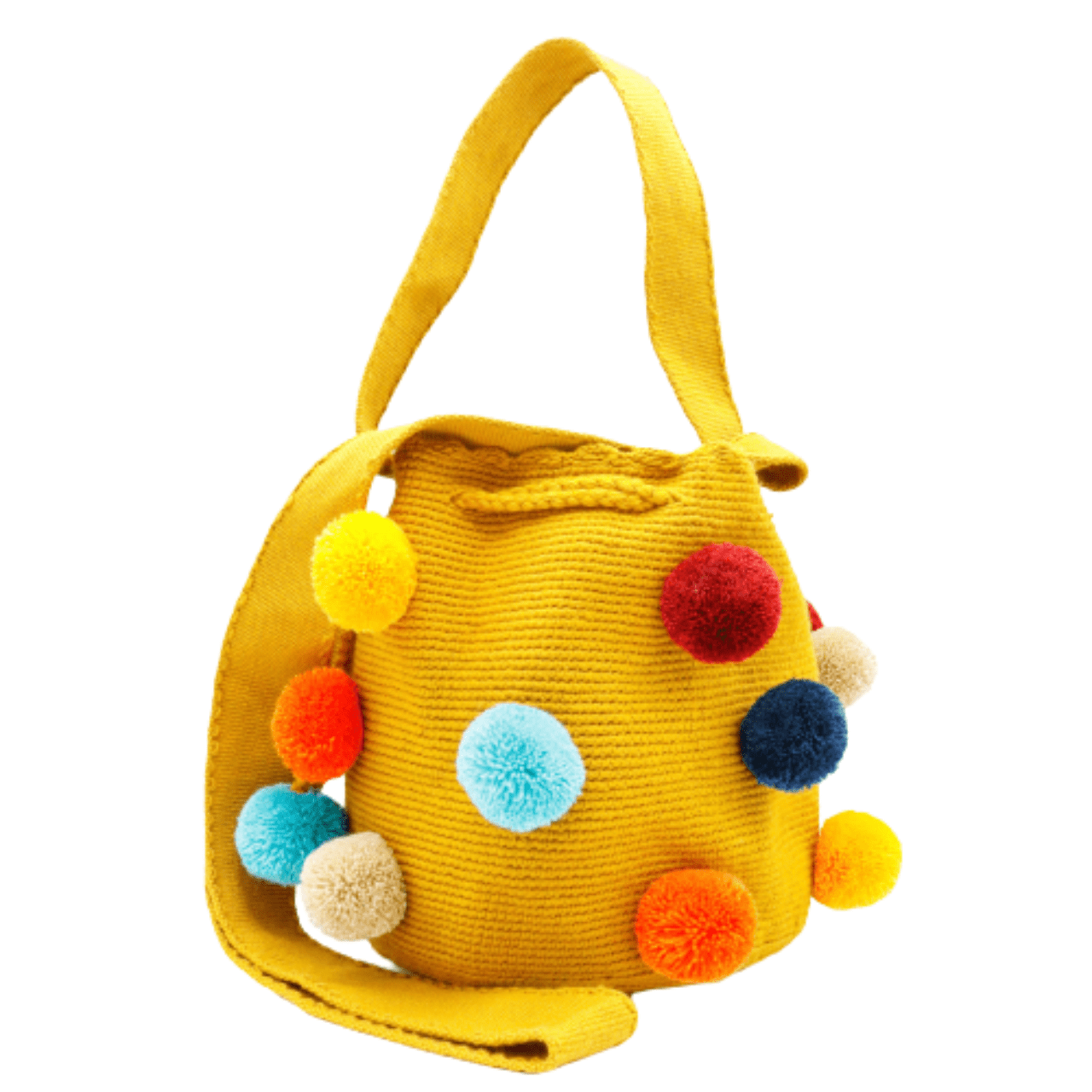 Koya crochet bag Medium in yellow color with vibrant pom poms, a stylish and eye-catching accessory.