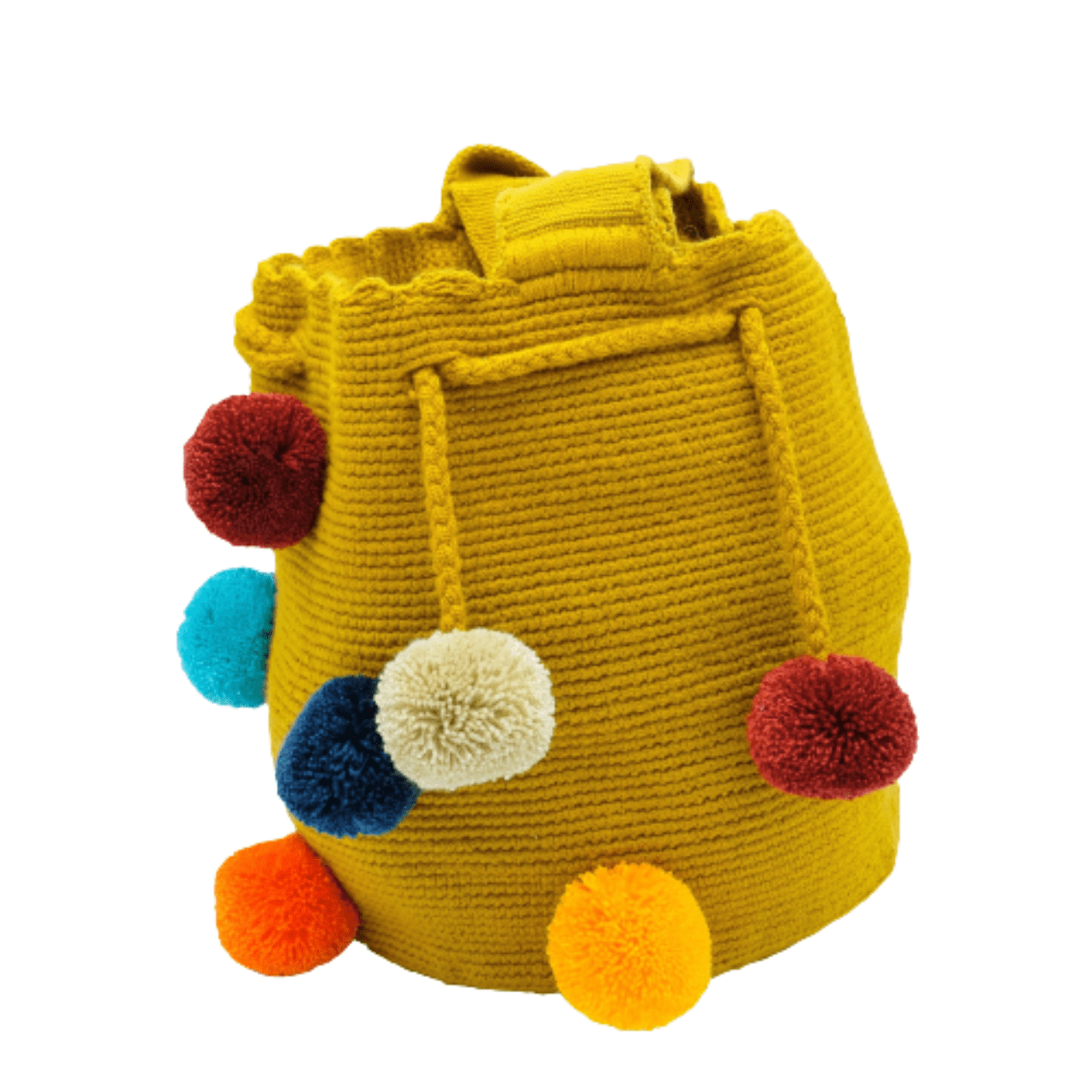 Koya crochet bag Medium in yellow color with vibrant pom poms, a stylish and eye-catching accessory.