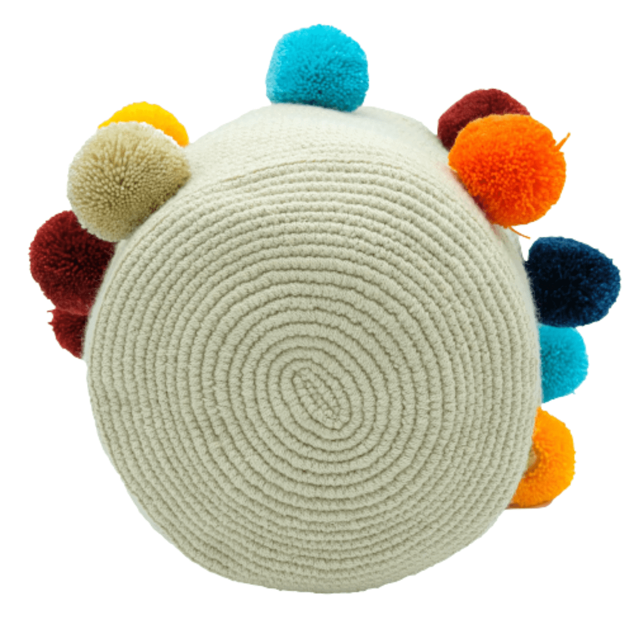 Koya crochet bag Medium in beige color with vibrant pom poms, a stylish and eye-catching accessory.