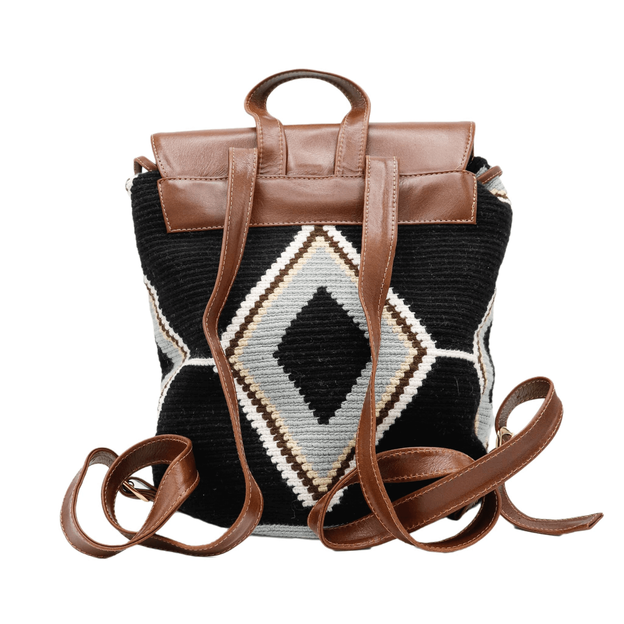 Lex leather backpack featuring a captivating Wayuu pattern body in a sleek combination of solid black, shades of gray, and beige. The backpack is enhanced with genuine leather accents and includes a practical inside pocket. Despite its lightweight design, this backpack boasts exceptional strength and durability.