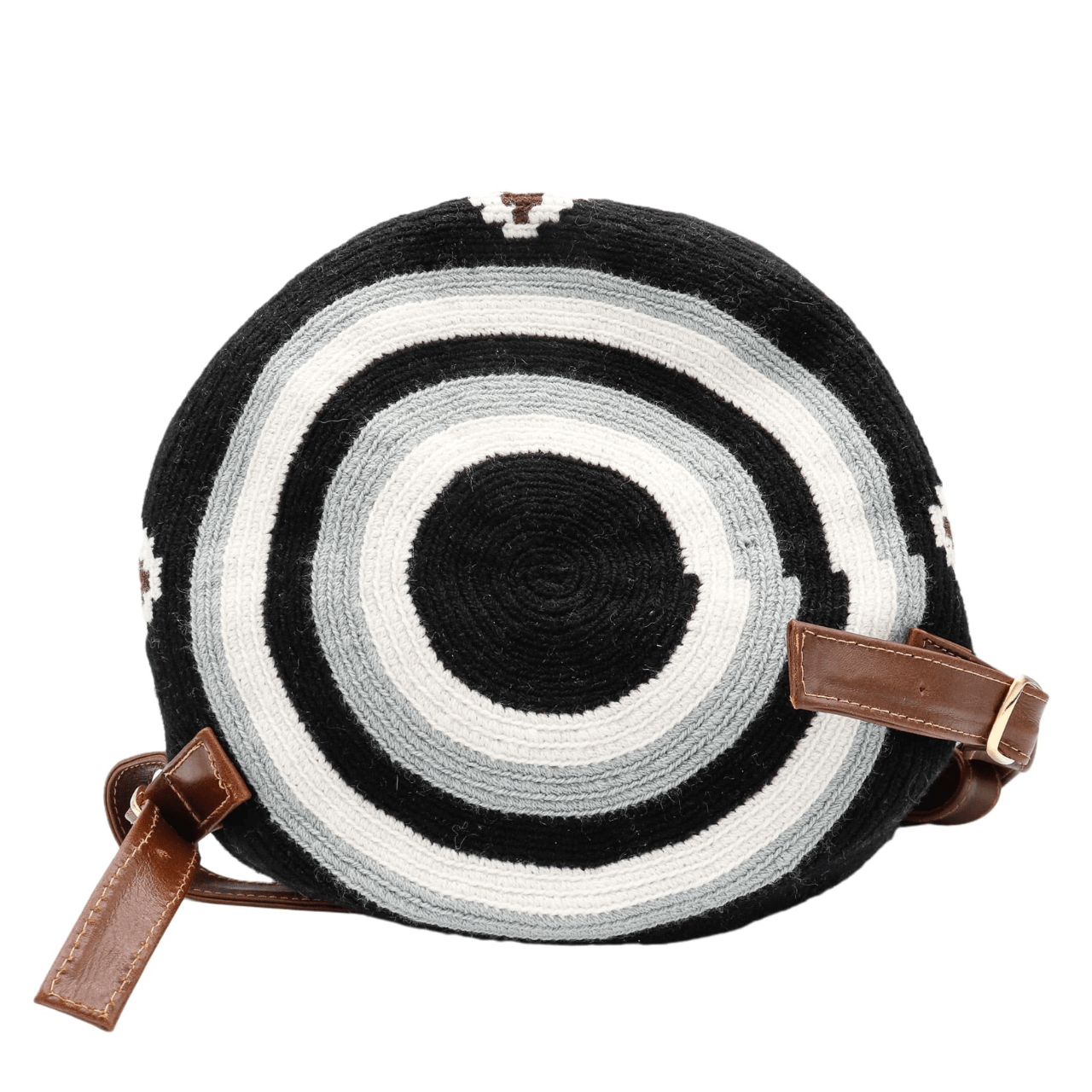 Lex leather backpack featuring a captivating Wayuu pattern body in a sleek combination of solid black, shades of gray, and beige. The backpack is enhanced with genuine leather accents and includes a practical inside pocket. Despite its lightweight design, this backpack boasts exceptional strength and durability.