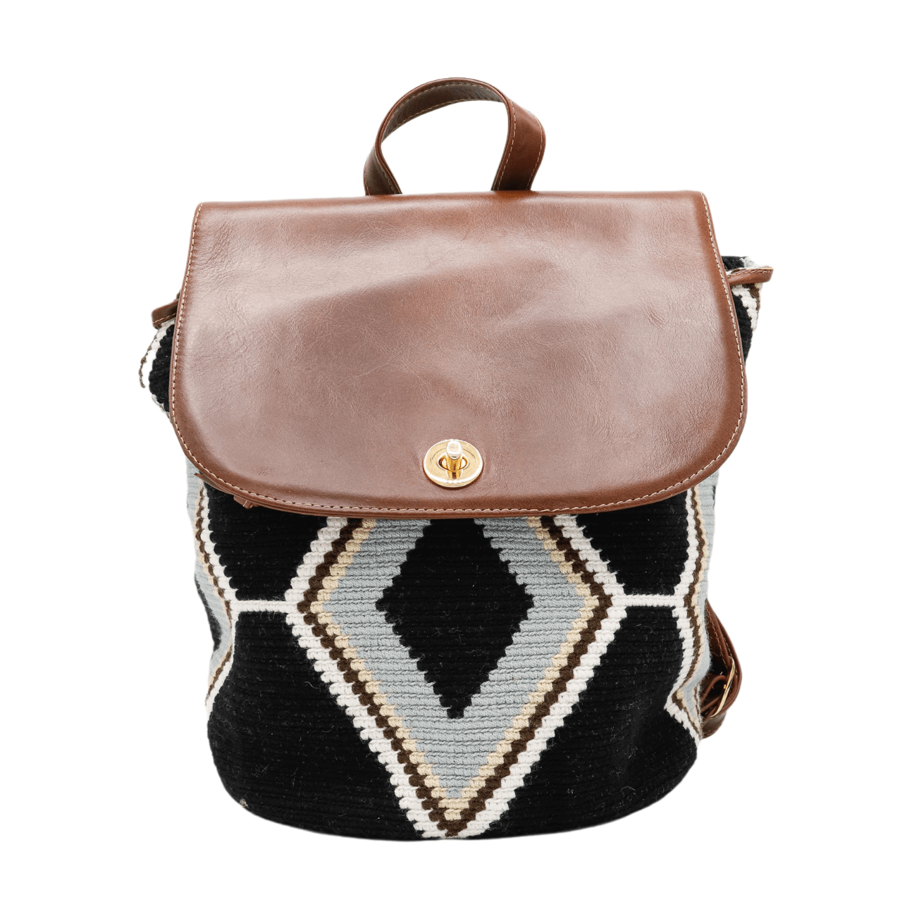 Lex leather backpack featuring a captivating Wayuu pattern body in a sleek combination of solid black, shades of gray, and beige. The backpack is enhanced with genuine leather accents and includes a practical inside pocket. Despite its lightweight design, this backpack boasts exceptional strength and durability.