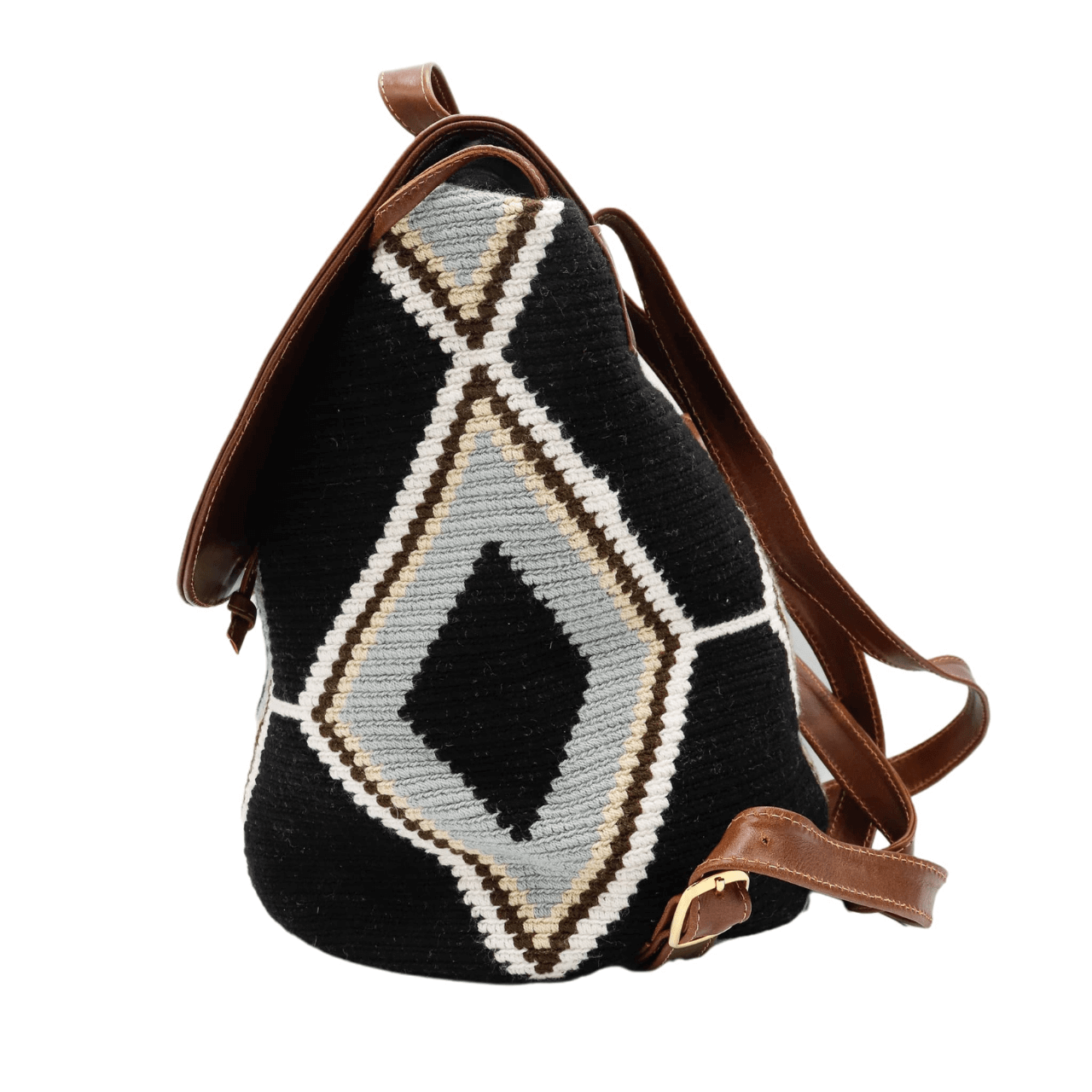 Lex leather backpack featuring a captivating Wayuu pattern body in a sleek combination of solid black, shades of gray, and beige. The backpack is enhanced with genuine leather accents and includes a practical inside pocket. Despite its lightweight design, this backpack boasts exceptional strength and durability.