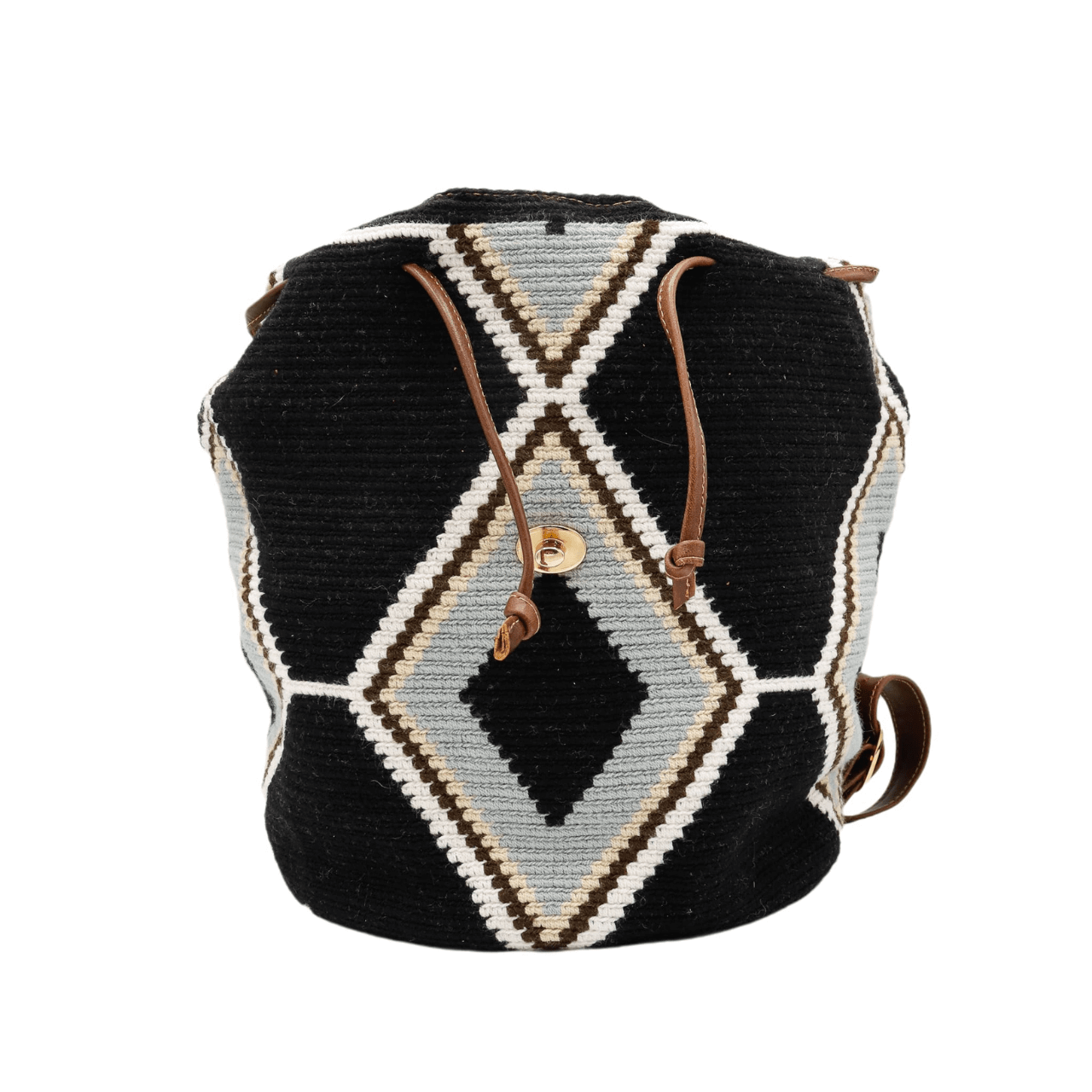Lex leather backpack featuring a captivating Wayuu pattern body in a sleek combination of solid black, shades of gray, and beige. The backpack is enhanced with genuine leather accents and includes a practical inside pocket. Despite its lightweight design, this backpack boasts exceptional strength and durability.