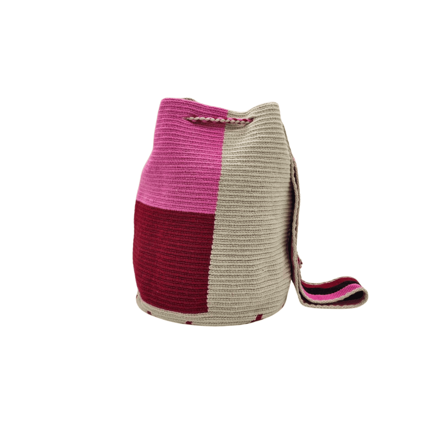 Luciana Wayuu bag in beige, pink, and burgundy with a small cellphone pouch, showcasing intricate craftsmanship and vibrant colors.