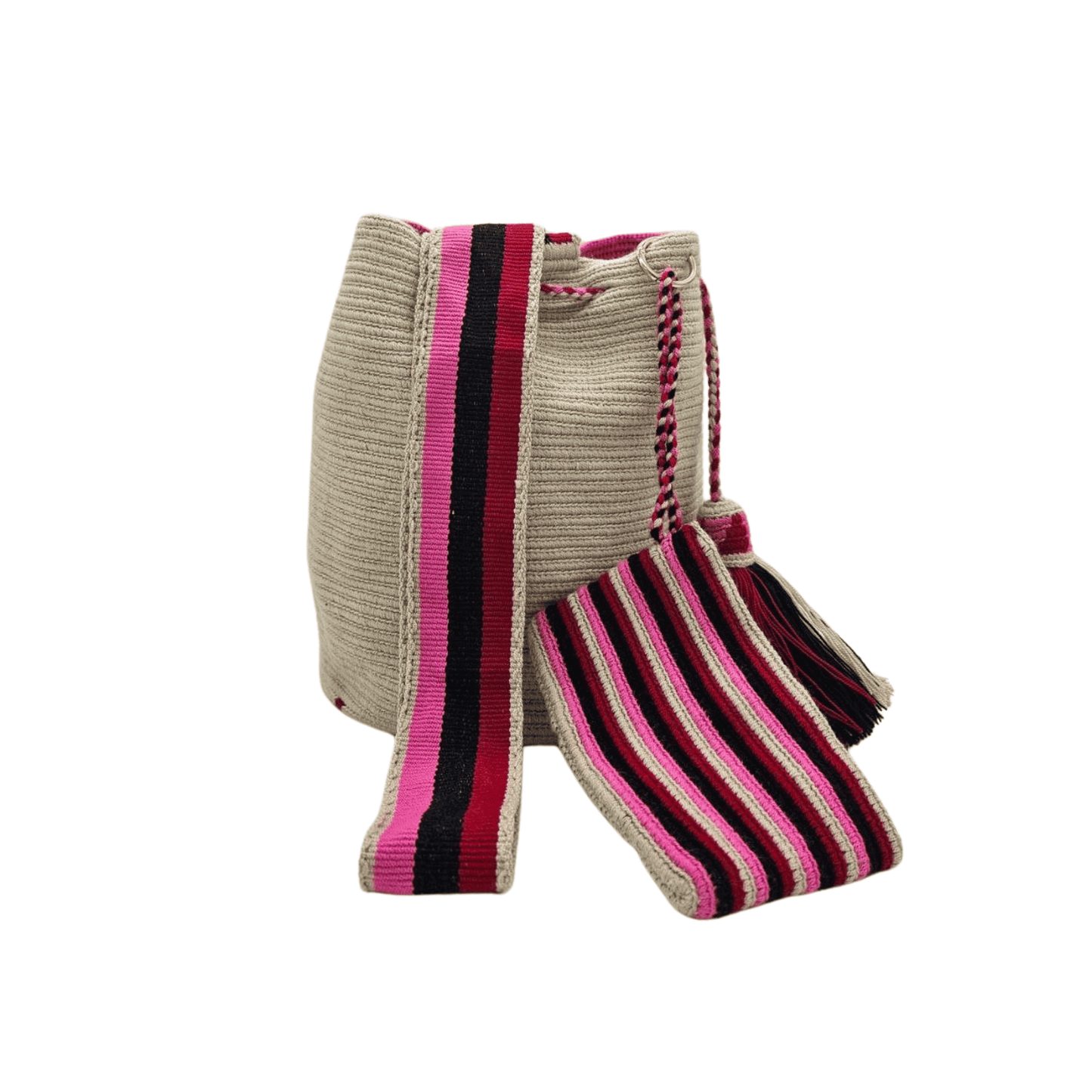 Luciana Wayuu bag in beige, pink, and burgundy with a small cellphone pouch, showcasing intricate craftsmanship and vibrant colors.