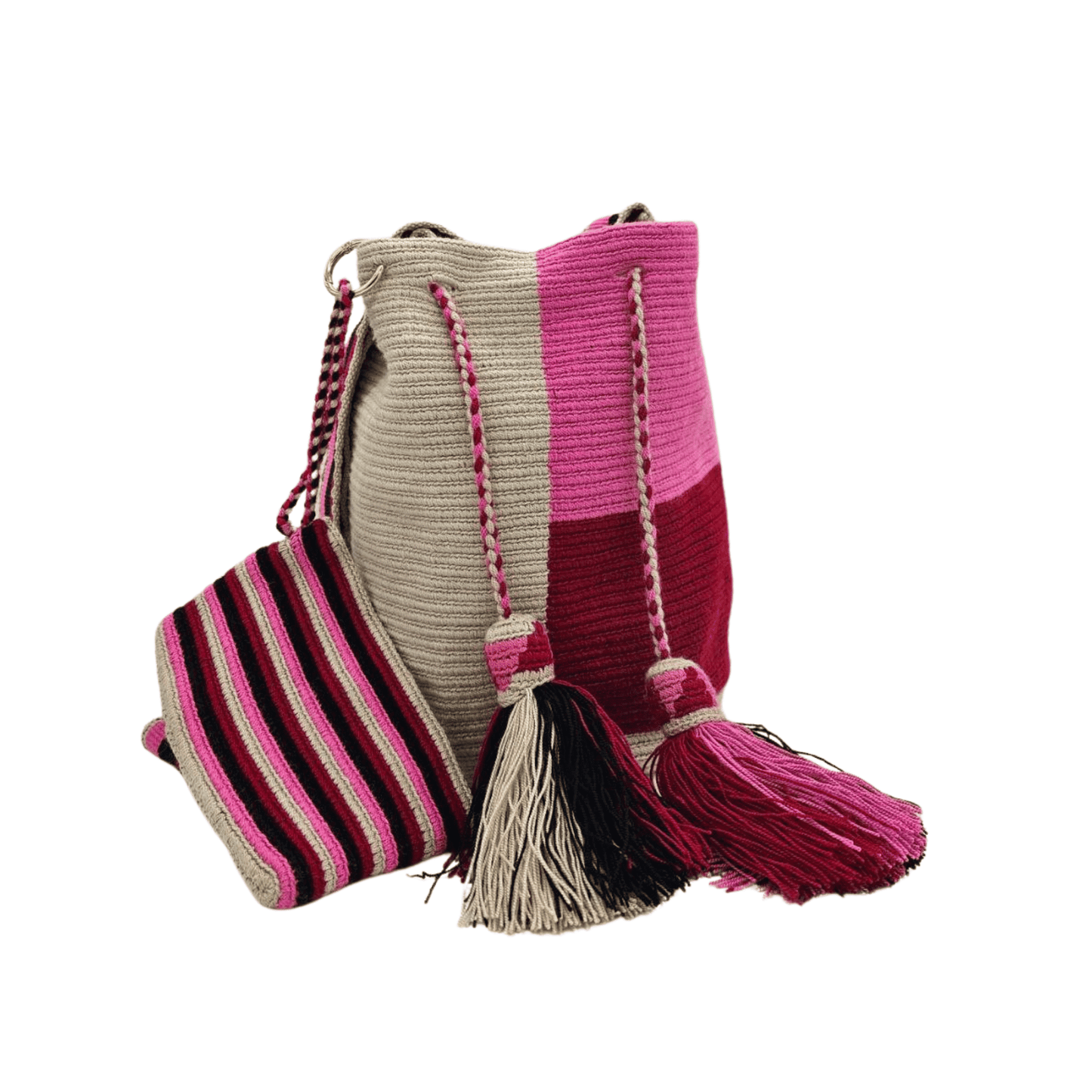 Luciana Wayuu bag in beige, pink, and burgundy with a small cellphone pouch, showcasing intricate craftsmanship and vibrant colors.