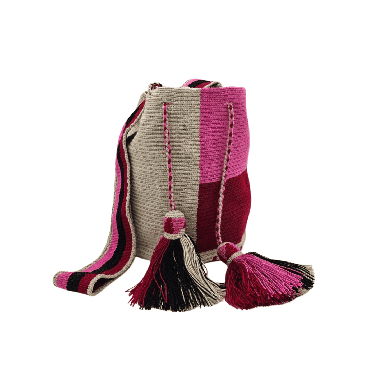Luciana Wayuu bag in beige, pink, and burgundy with a small cellphone pouch, showcasing intricate craftsmanship and vibrant colors.