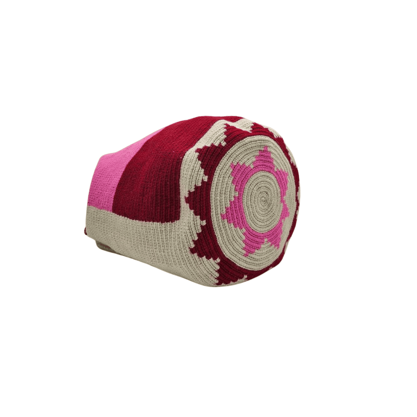 Luciana Wayuu bag in beige, pink, and burgundy with a small cellphone pouch, showcasing intricate craftsmanship and vibrant colors.