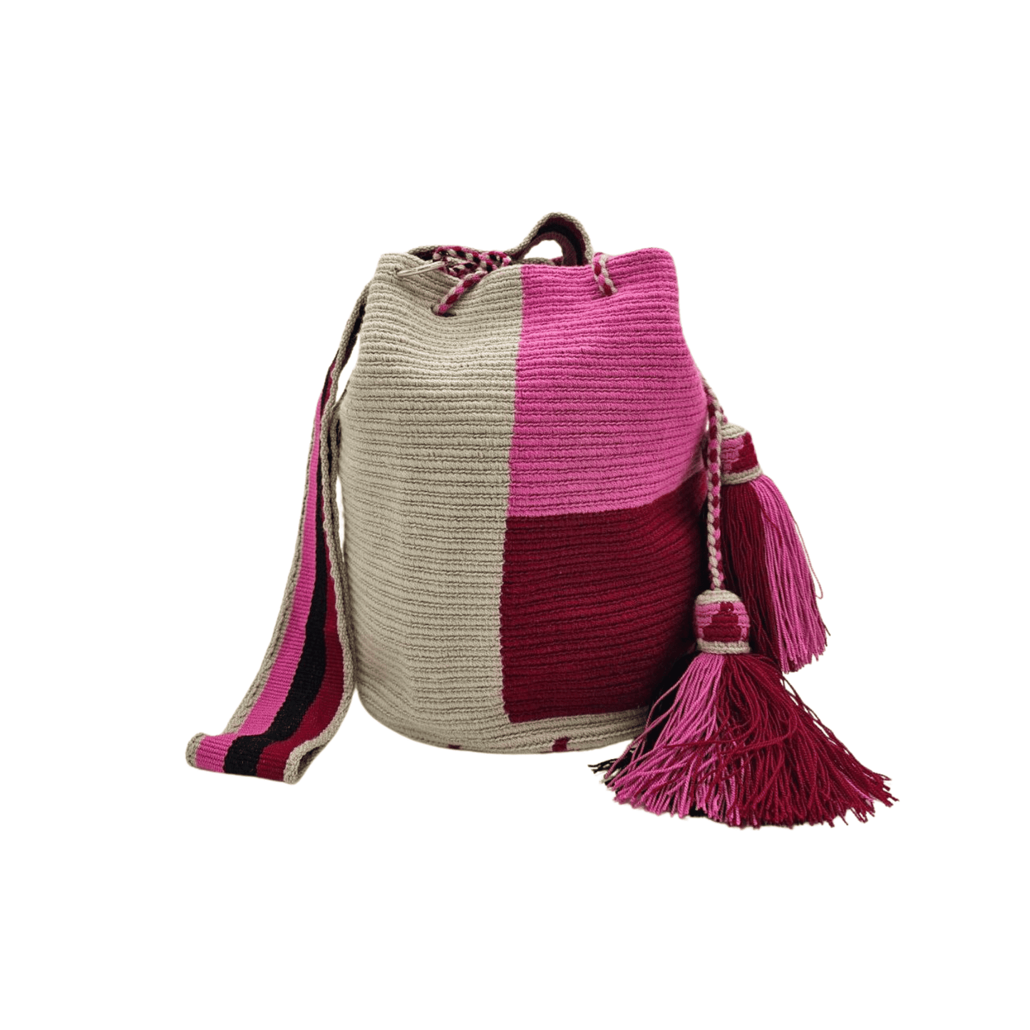 Luciana Wayuu bag in beige, pink, and burgundy with a small cellphone pouch, showcasing intricate craftsmanship and vibrant colors.