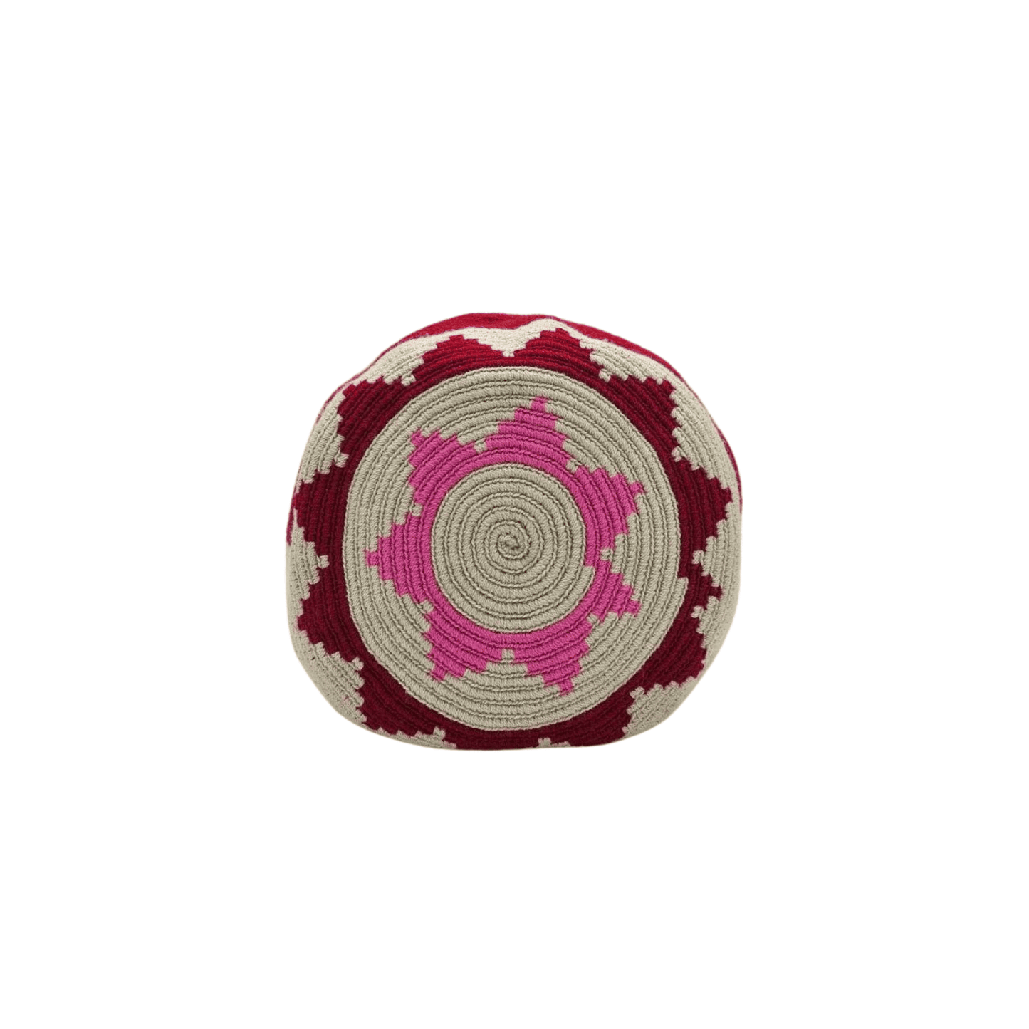 Luciana Wayuu bag in beige, pink, and burgundy with a small cellphone pouch, showcasing intricate craftsmanship and vibrant colors.