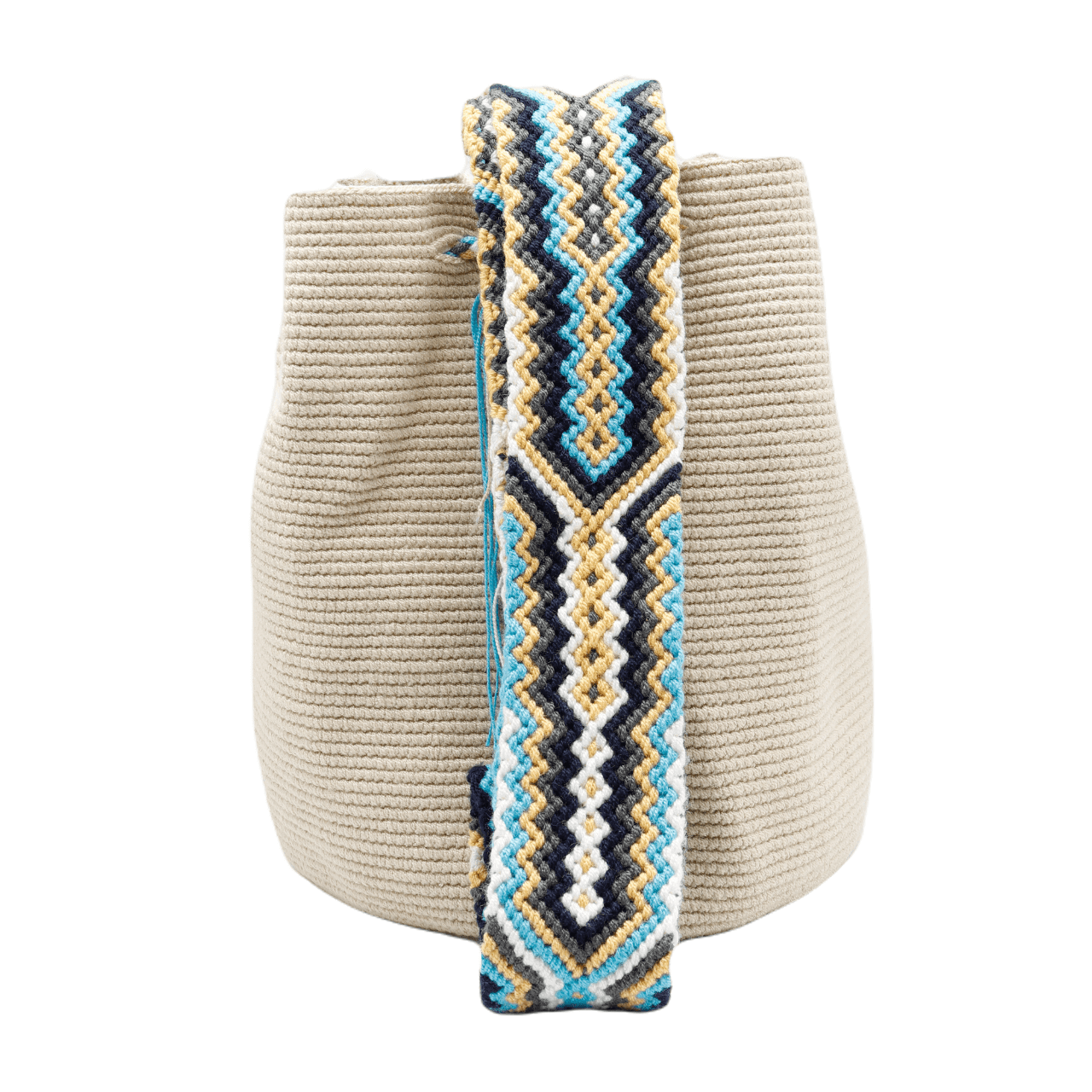 Luisa Wayuu Bag in beige color with a stunning macrame shoulder strap, showcasing exquisite craftsmanship and unique style