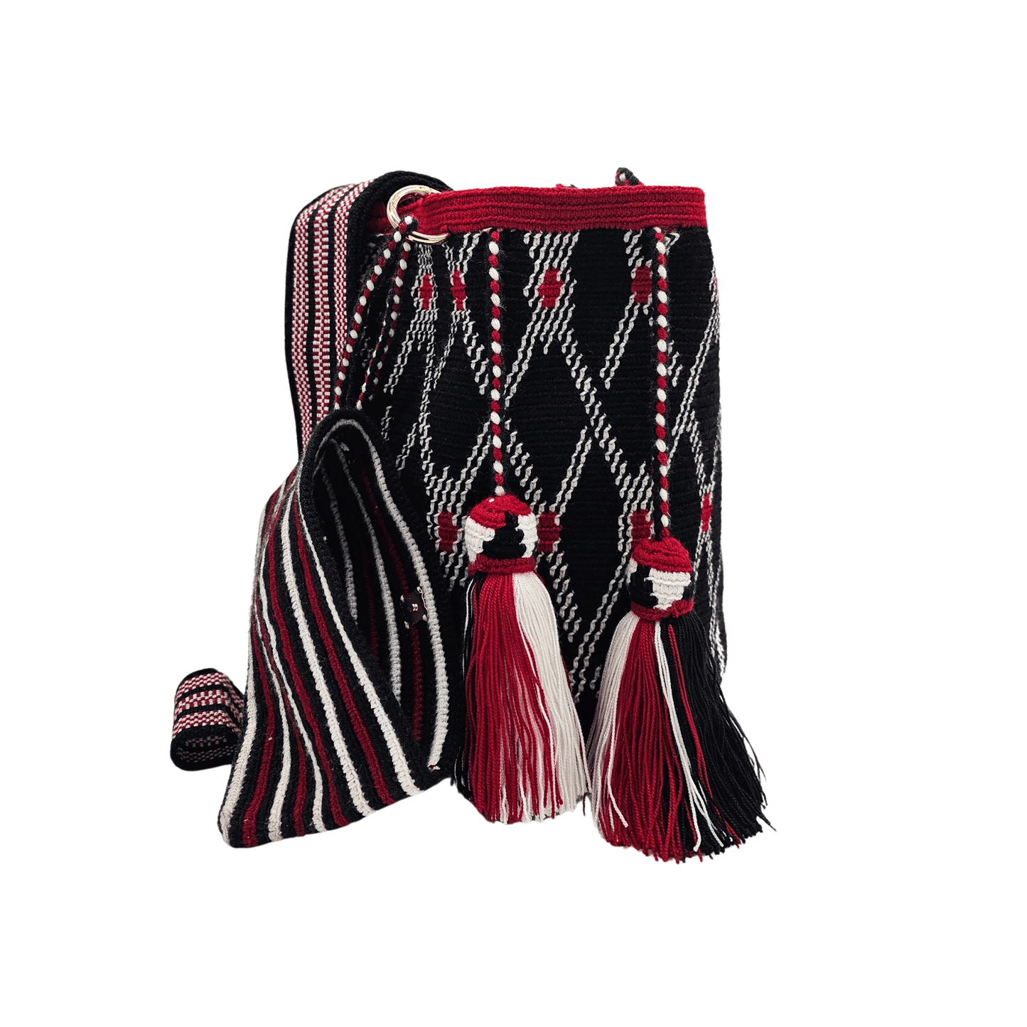 A handmade crocheted Wayuu bucket bag from Colombia. It features a bold geometric design and a long strap for easy carrying.