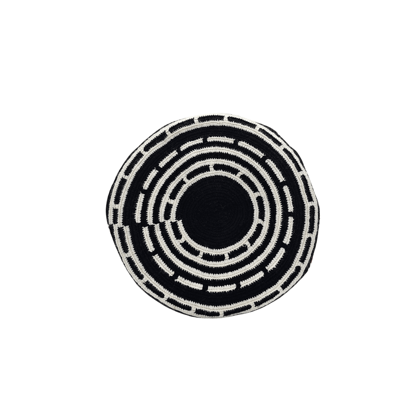 A handmade crocheted Wayuu bucket bag from Colombia. It features a bold geometric design and a long strap for easy carrying.