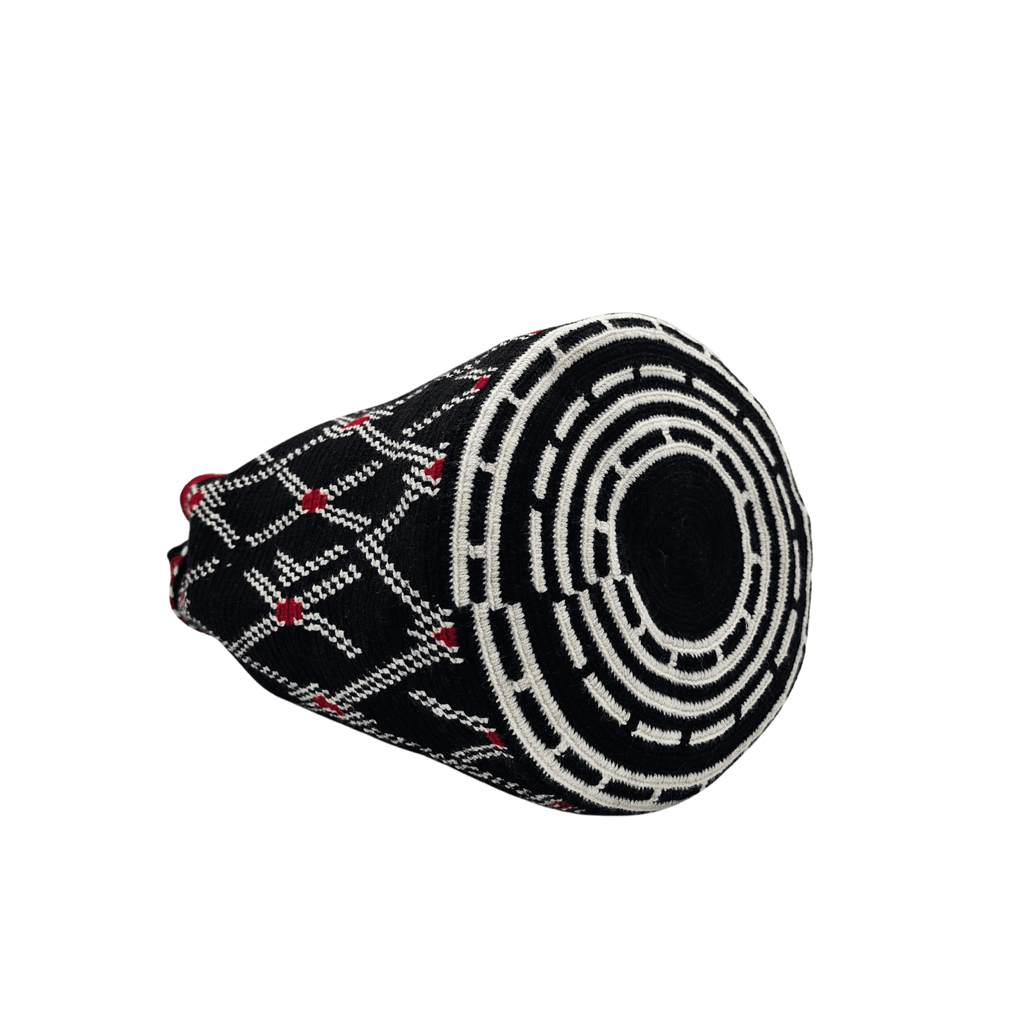 A handmade crocheted Wayuu bucket bag from Colombia. It features a bold geometric design and a long strap for easy carrying.