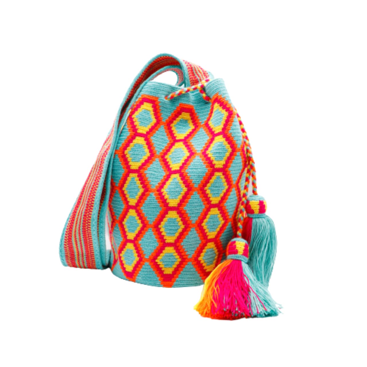 Mariajo Wayuu bag expertly crocheted by a skilled Wayuu artisan, featuring vibrant aqua, orange, magenta, and yellow hues. A visually attractive and chic accessory showcasing intricate craftsmanship.