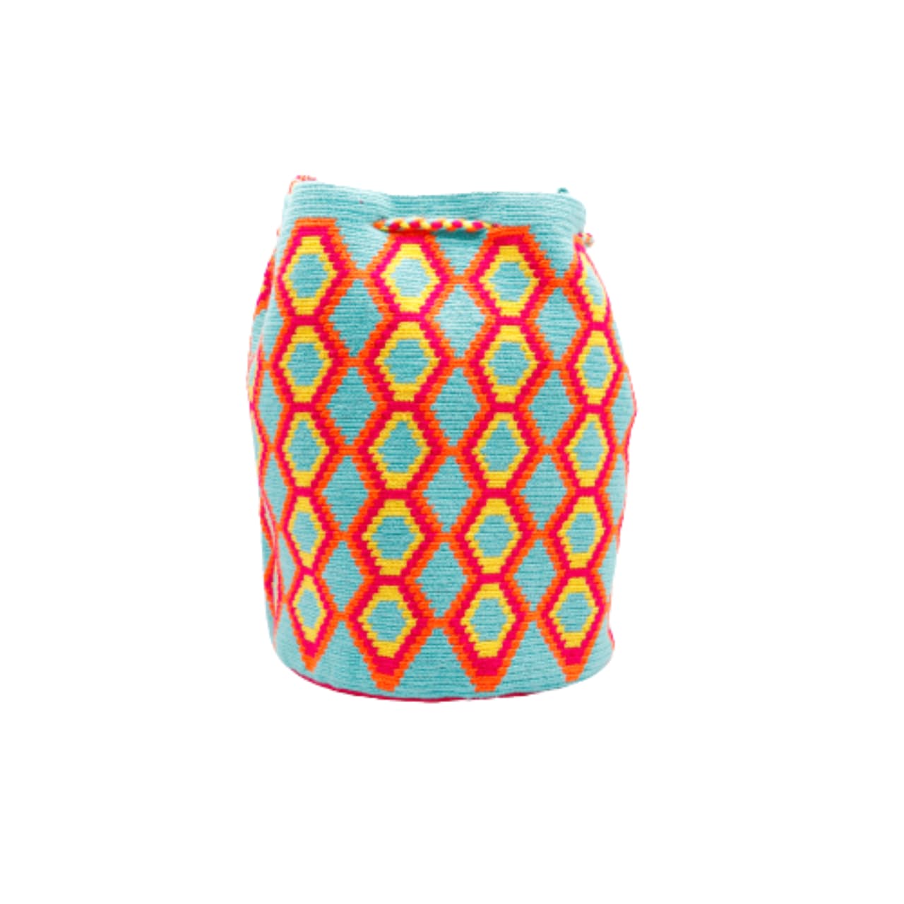 Mariajo Wayuu bag expertly crocheted by a skilled Wayuu artisan, featuring vibrant aqua, orange, magenta, and yellow hues. A visually attractive and chic accessory showcasing intricate craftsmanship.