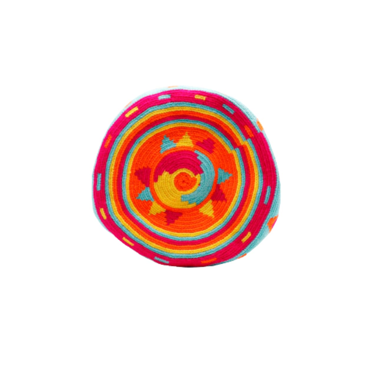 Mariajo Wayuu bag expertly crocheted by a skilled Wayuu artisan, featuring vibrant aqua, orange, magenta, and yellow hues. A visually attractive and chic accessory showcasing intricate craftsmanship.