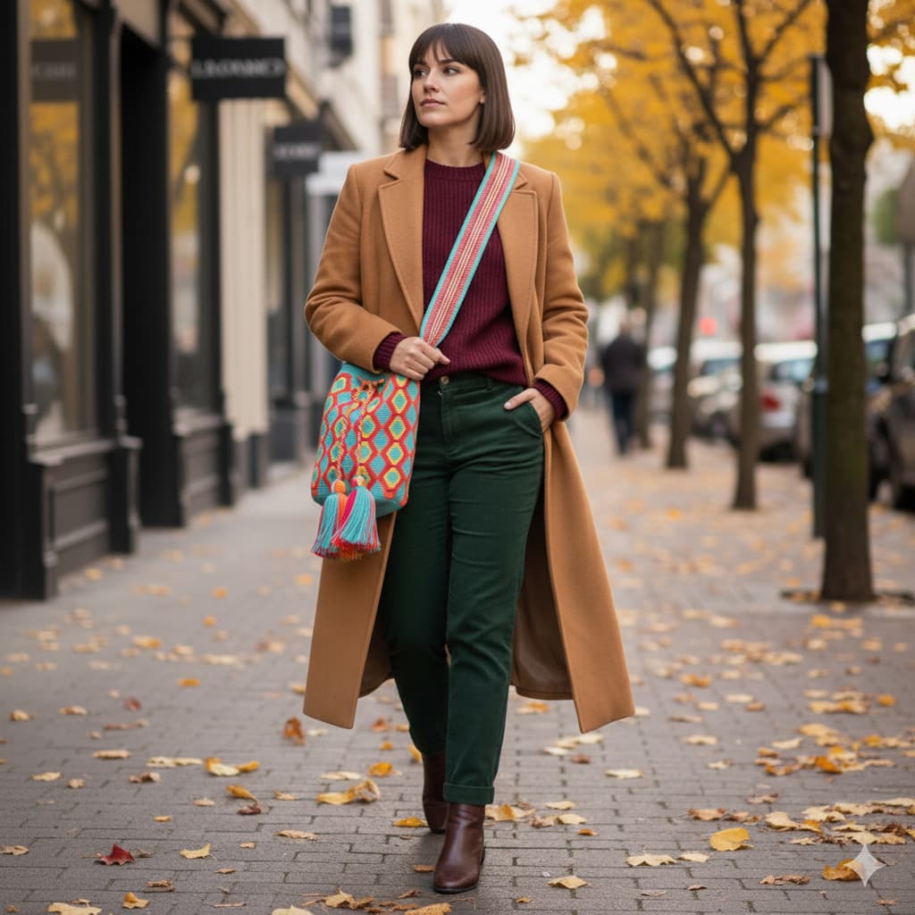 Mariajo Wayuu bag expertly crocheted by a skilled Wayuu artisan, featuring vibrant aqua, orange, magenta, and yellow hues. A visually attractive and chic accessory showcasing intricate craftsmanship.