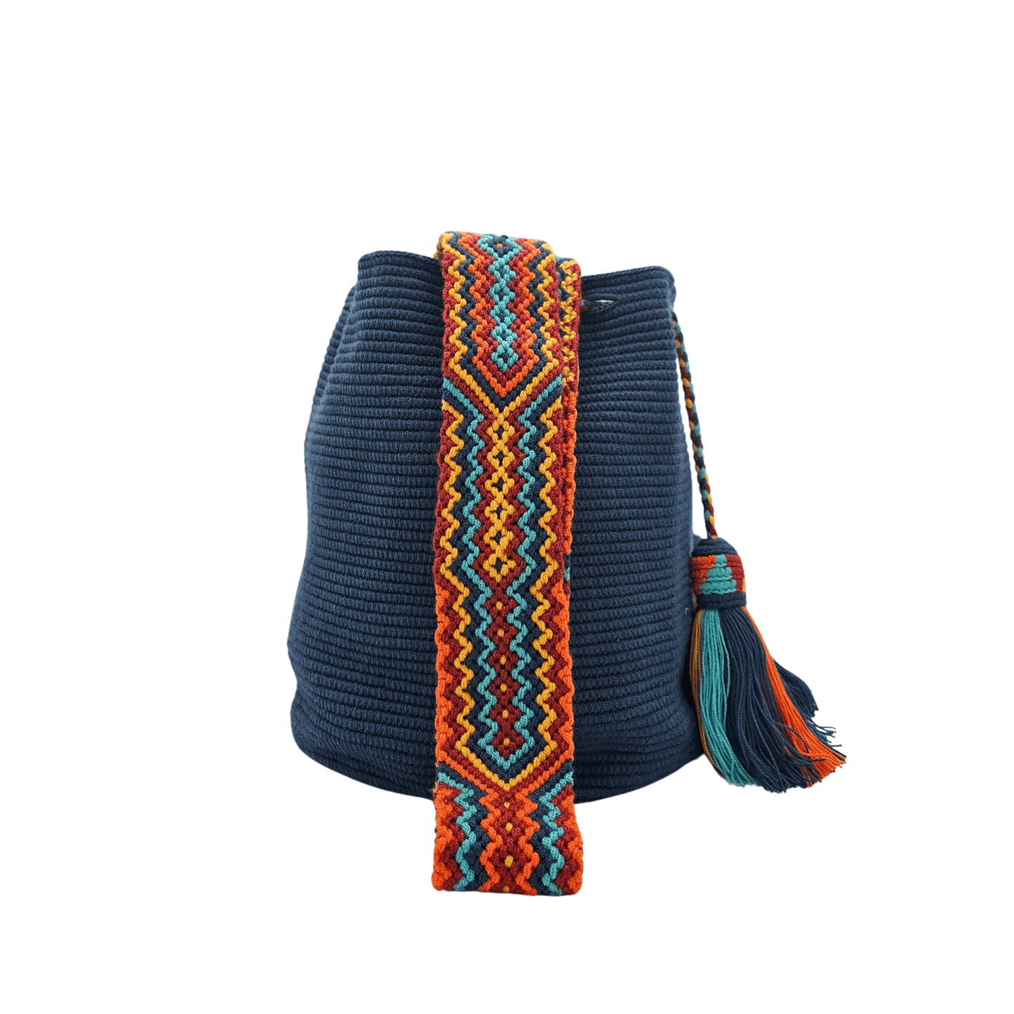 Handwoven Wayuu bag in vibrant cobalt blue with a colorful braided strap and tassels in shades of turquoise, orange, and yellow. A unique artisan piece from Colombia.