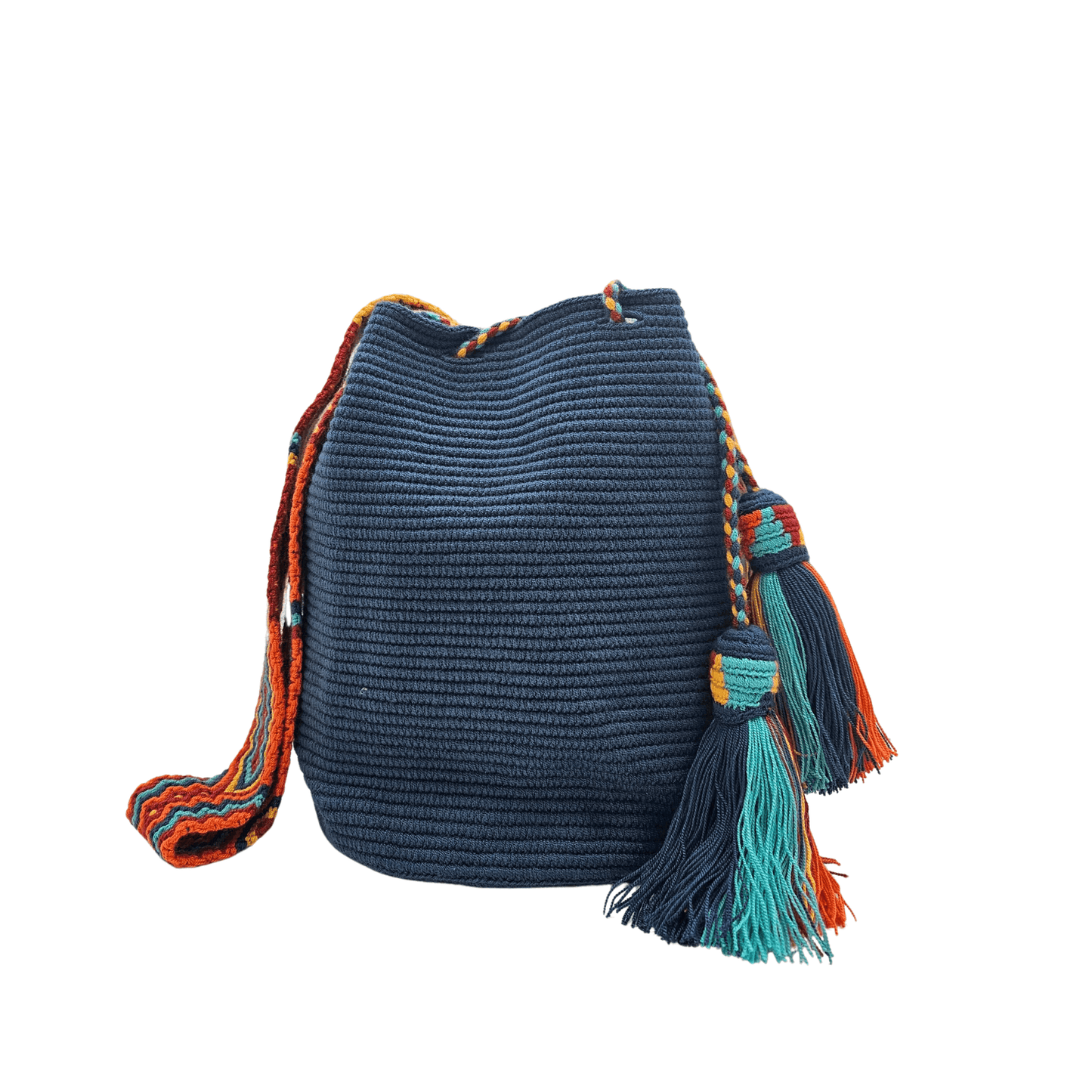Handwoven Wayuu bag in vibrant cobalt blue with a colorful braided strap and tassels in shades of turquoise, orange, and yellow. A unique artisan piece from Colombia.