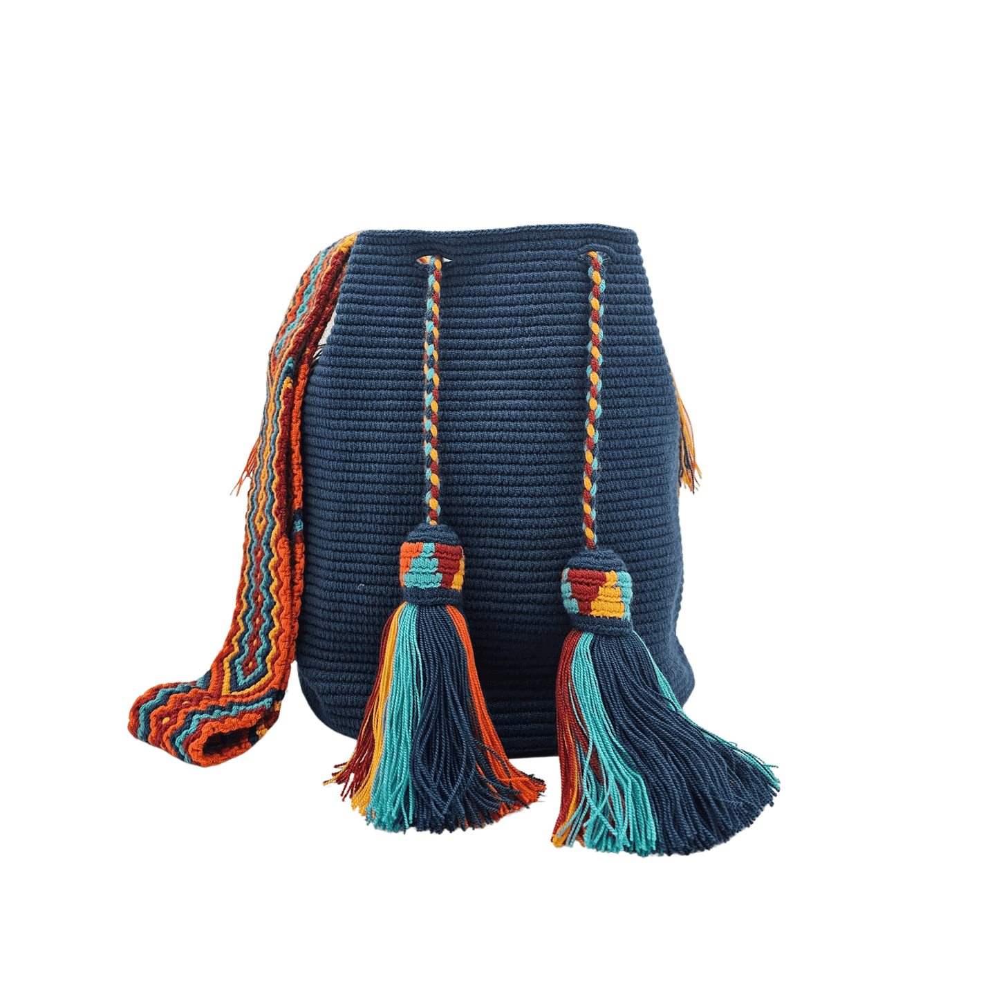Handwoven Wayuu bag in vibrant cobalt blue with a colorful braided strap and tassels in shades of turquoise, orange, and yellow. A unique artisan piece from Colombia.