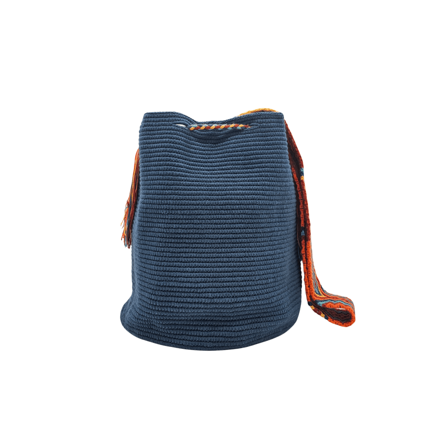 Handwoven Wayuu bag in vibrant cobalt blue with a colorful braided strap and tassels in shades of turquoise, orange, and yellow. A unique artisan piece from Colombia.