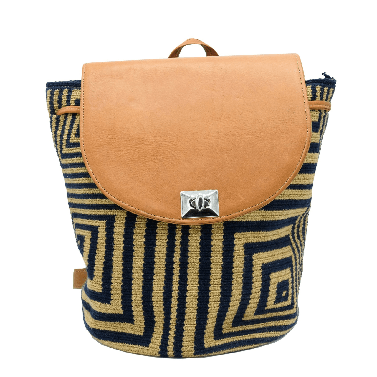 A stylish and durable Minca backpack featuring a unique combination of Wayuu body design and genuine leather accents.
