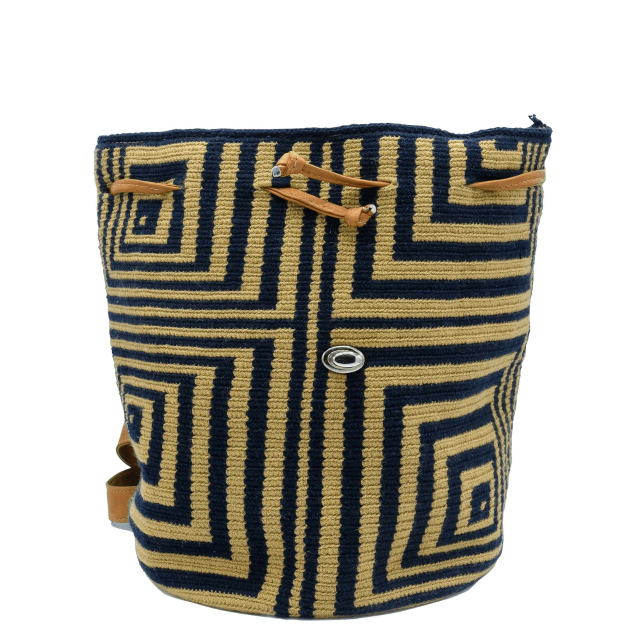 A stylish and durable Minca backpack featuring a unique combination of Wayuu body design and genuine leather accents.