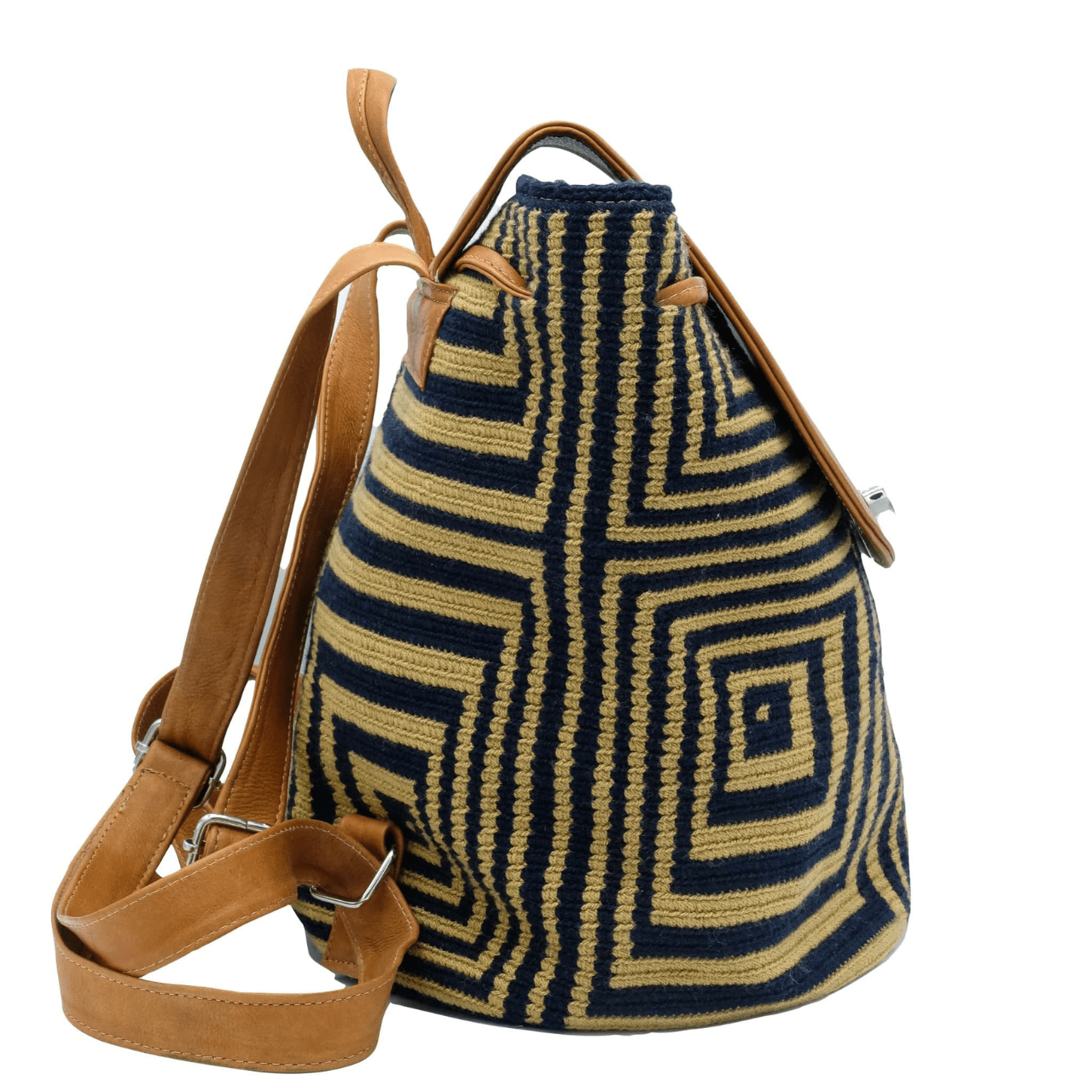 A stylish and durable Minca backpack featuring a unique combination of Wayuu body design and genuine leather accents.