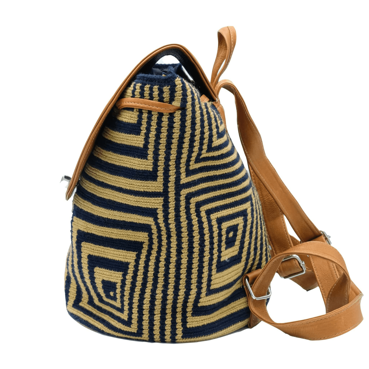 A stylish and durable Minca backpack featuring a unique combination of Wayuu body design and genuine leather accents.