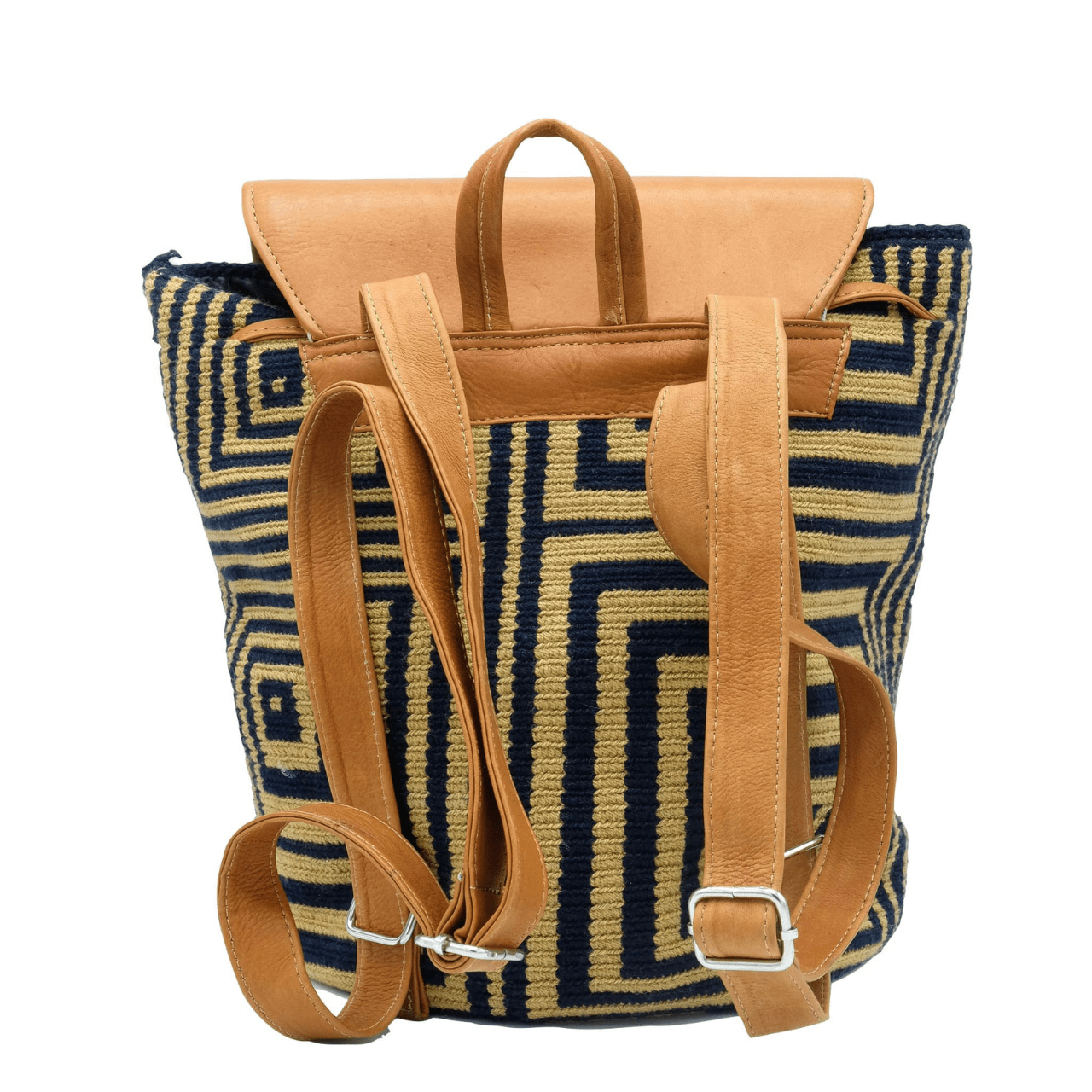 A stylish and durable Minca backpack featuring a unique combination of Wayuu body design and genuine leather accents.
