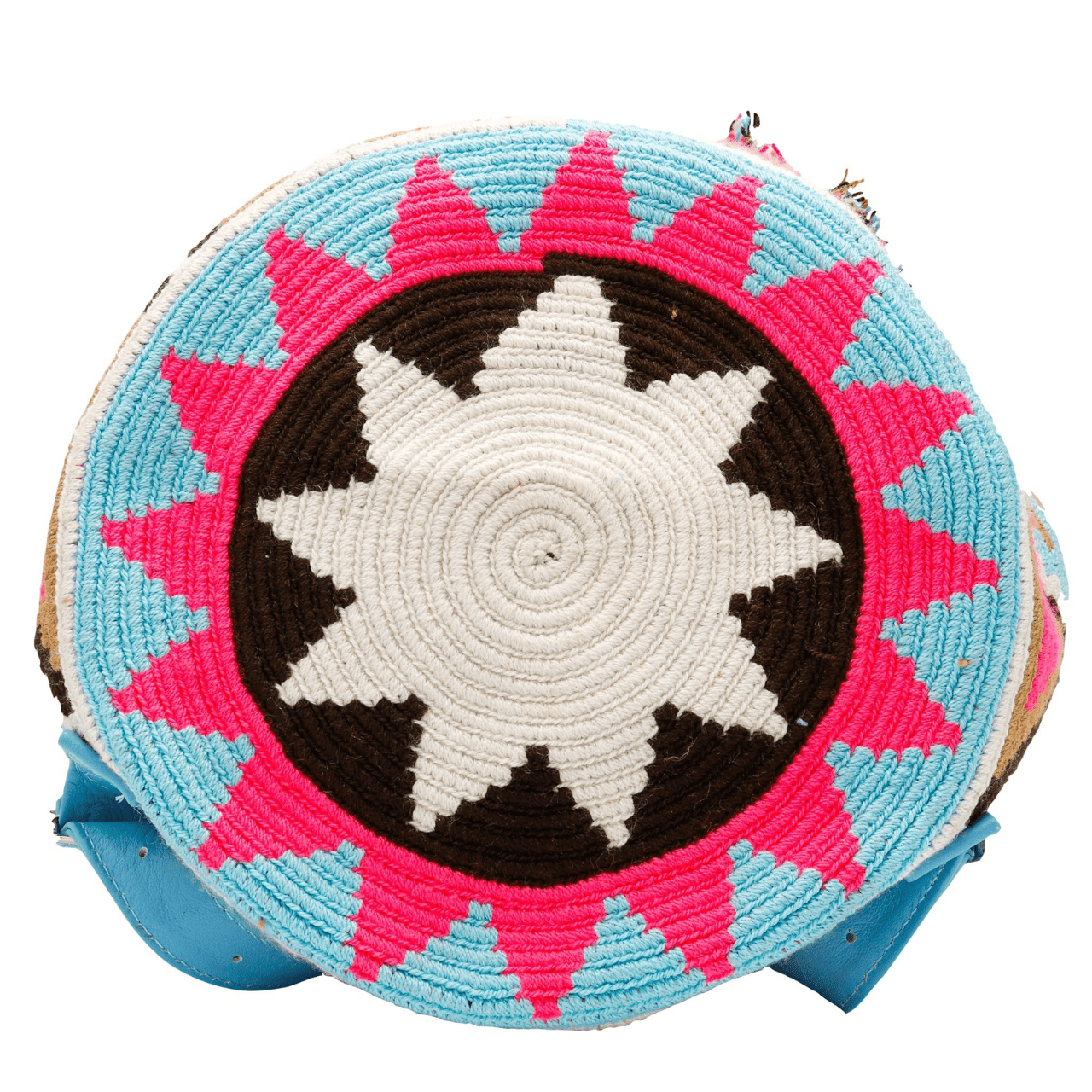 Mompox backpack purse for women, adorned with light blue genuine leather and showcasing an exceptionally unique Wayuu design on the body. The vibrant pattern features a delightful blend of sky blue, brown, tan, hot pink, and white hues, exuding a groovy and energetic vibe. Perfect for women seeking a stylish and trendy accessory.