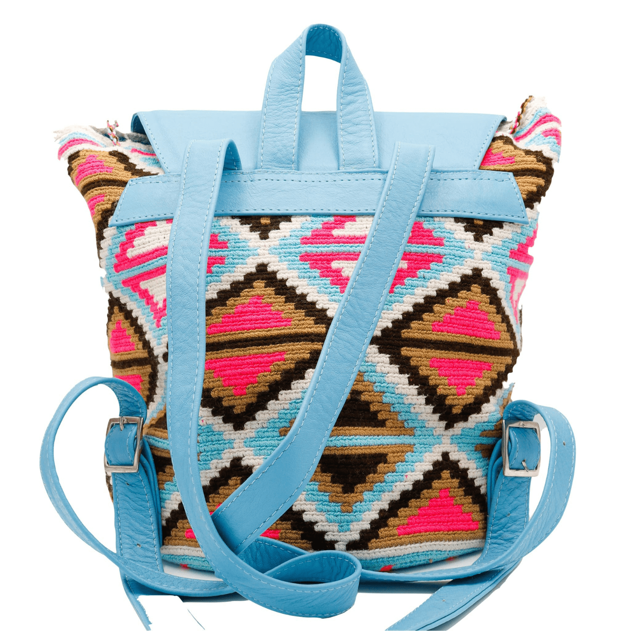 Mompox backpack purse for women, adorned with light blue genuine leather and showcasing an exceptionally unique Wayuu design on the body. The vibrant pattern features a delightful blend of sky blue, brown, tan, hot pink, and white hues, exuding a groovy and energetic vibe. Perfect for women seeking a stylish and trendy accessory.