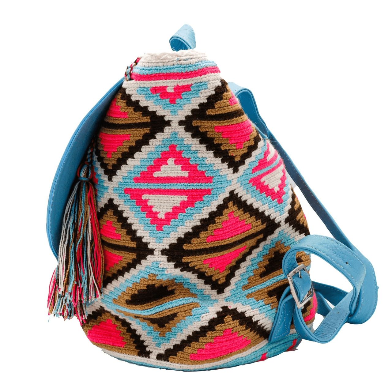 Mompox backpack purse for women, adorned with light blue genuine leather and showcasing an exceptionally unique Wayuu design on the body. The vibrant pattern features a delightful blend of sky blue, brown, tan, hot pink, and white hues, exuding a groovy and energetic vibe. Perfect for women seeking a stylish and trendy accessory.