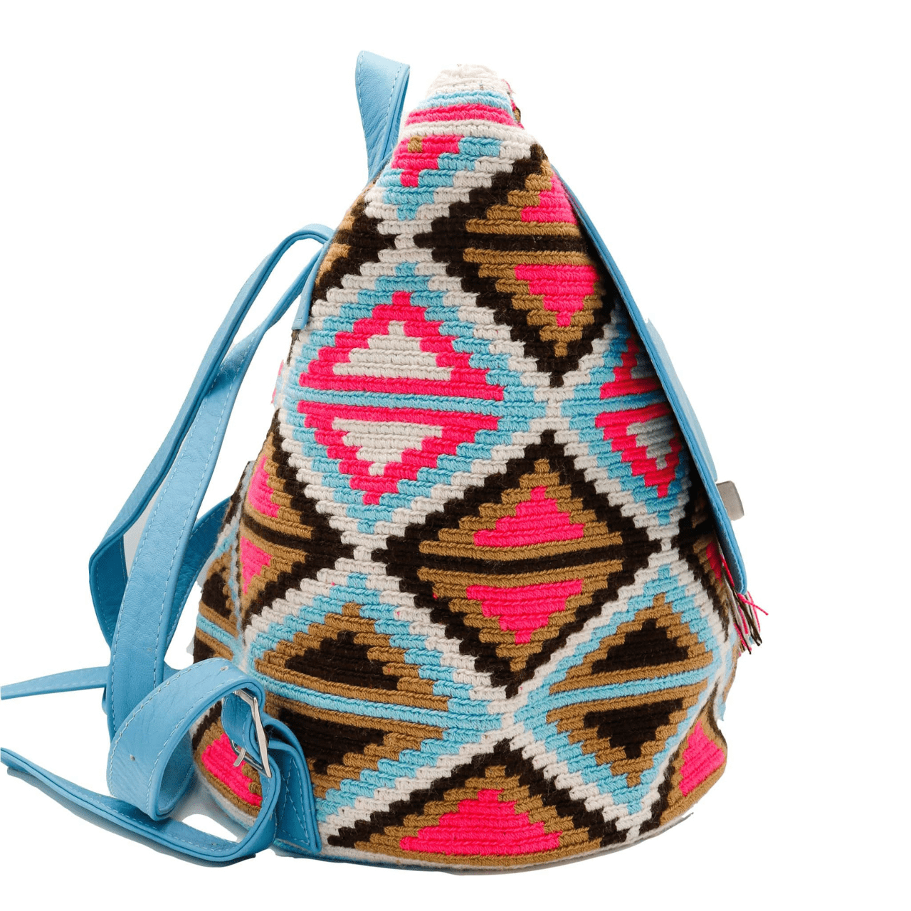 Mompox backpack purse for women, adorned with light blue genuine leather and showcasing an exceptionally unique Wayuu design on the body. The vibrant pattern features a delightful blend of sky blue, brown, tan, hot pink, and white hues, exuding a groovy and energetic vibe. Perfect for women seeking a stylish and trendy accessory.