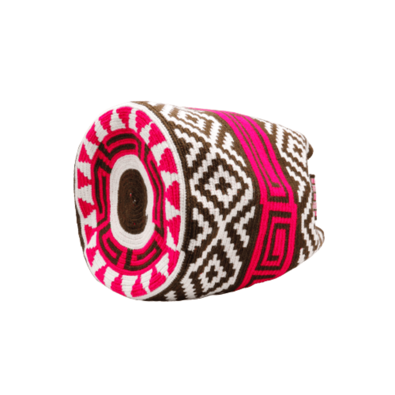 Nana Wayuu Bag, meticulously handmade by a skilled Wayuu artisan. The bag showcases a unique design in shades of white, coffee, and magenta, transforming it into a mesmerizing piece of art.