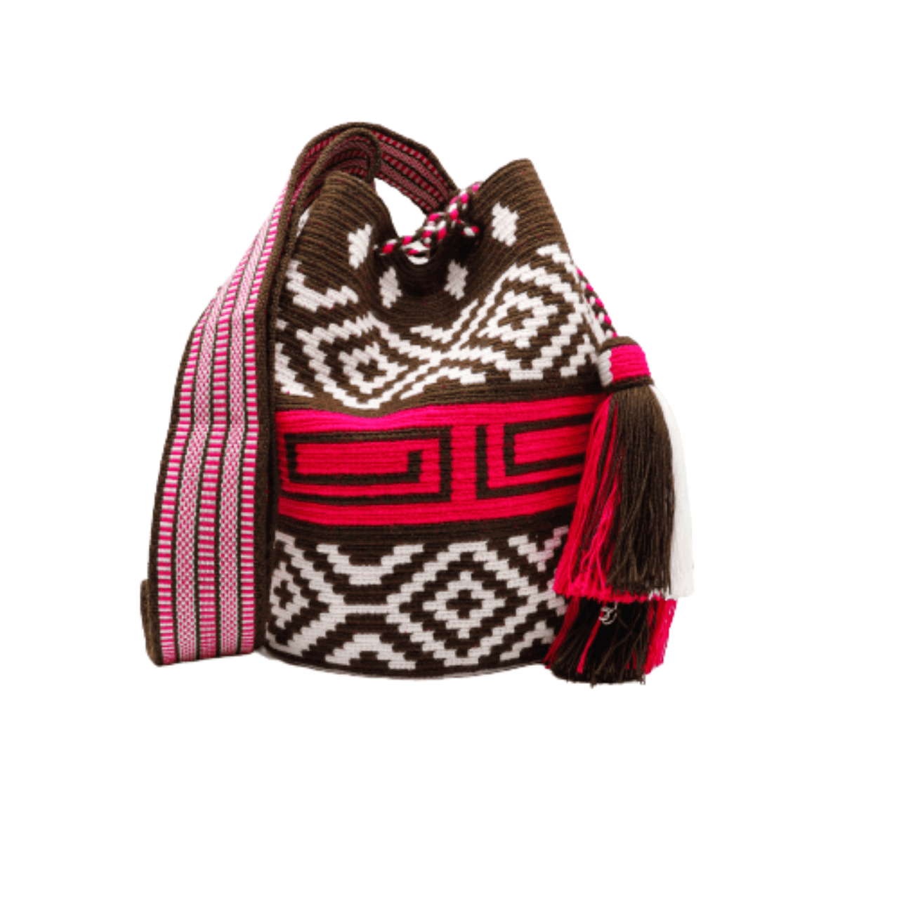 Nana Wayuu Bag, meticulously handmade by a skilled Wayuu artisan. The bag showcases a unique design in shades of white, coffee, and magenta, transforming it into a mesmerizing piece of art.
