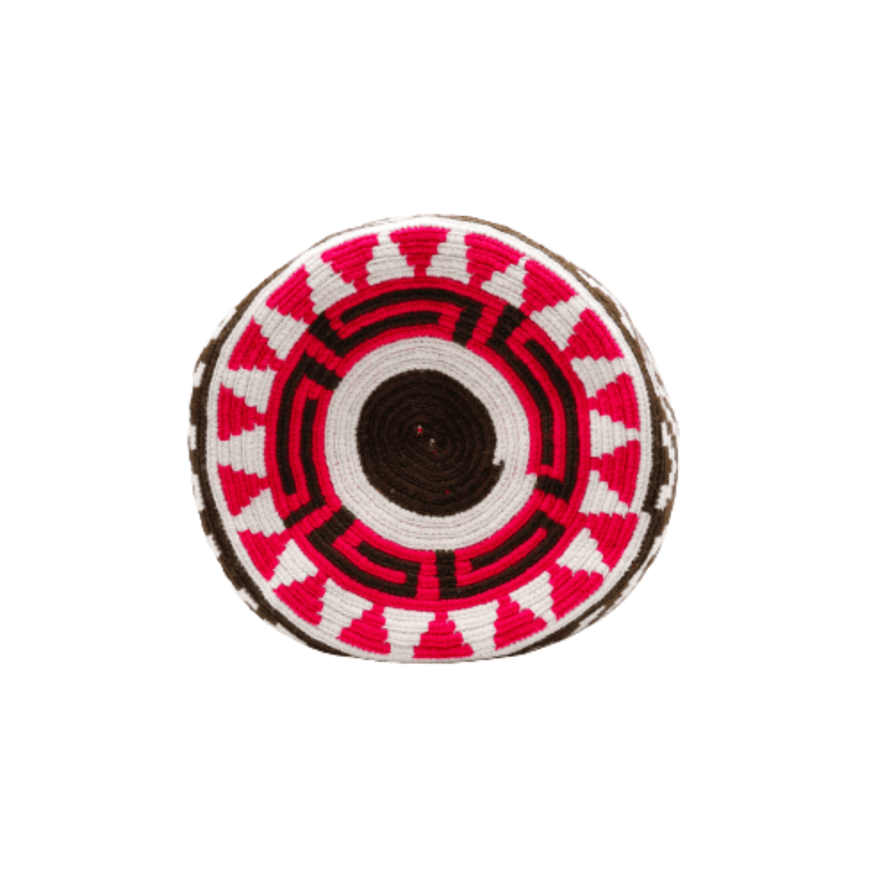 Nana Wayuu Bag, meticulously handmade by a skilled Wayuu artisan. The bag showcases a unique design in shades of white, coffee, and magenta, transforming it into a mesmerizing piece of art.