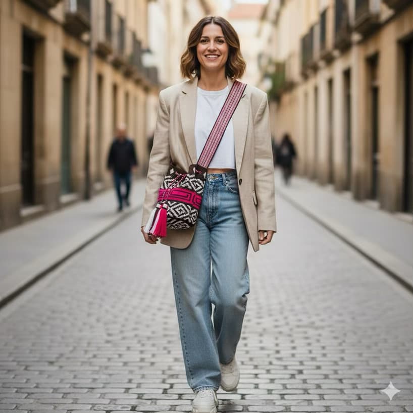 Nana Wayuu Bag, meticulously handmade by a skilled Wayuu artisan. The bag showcases a unique design in shades of white, coffee, and magenta, transforming it into a mesmerizing piece of art.
