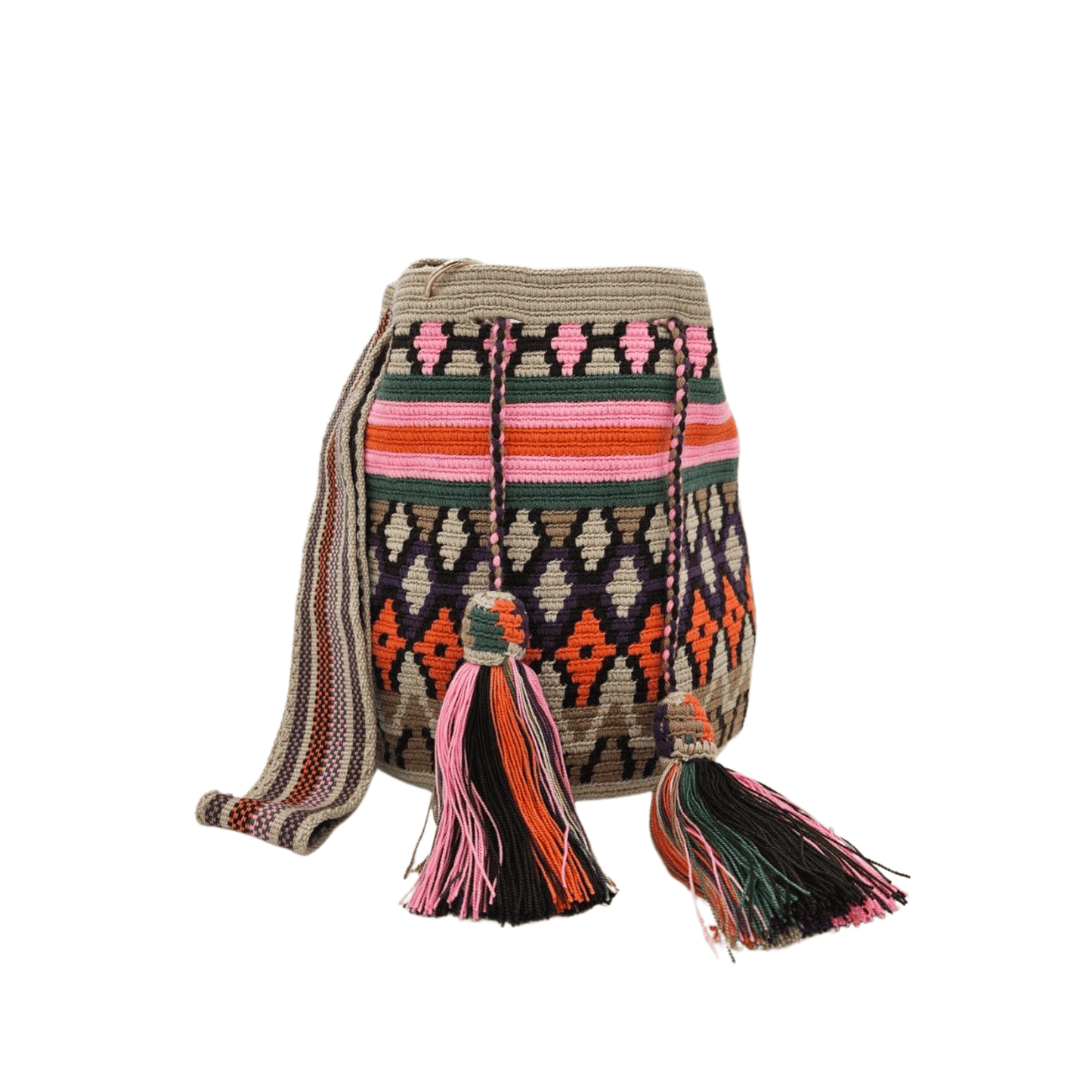 Colorful handmade Wayuu bag with a small pouch, perfect for carrying your cellphone and essentials, showcasing traditional Colombian craftsmanship and ethical fashion.