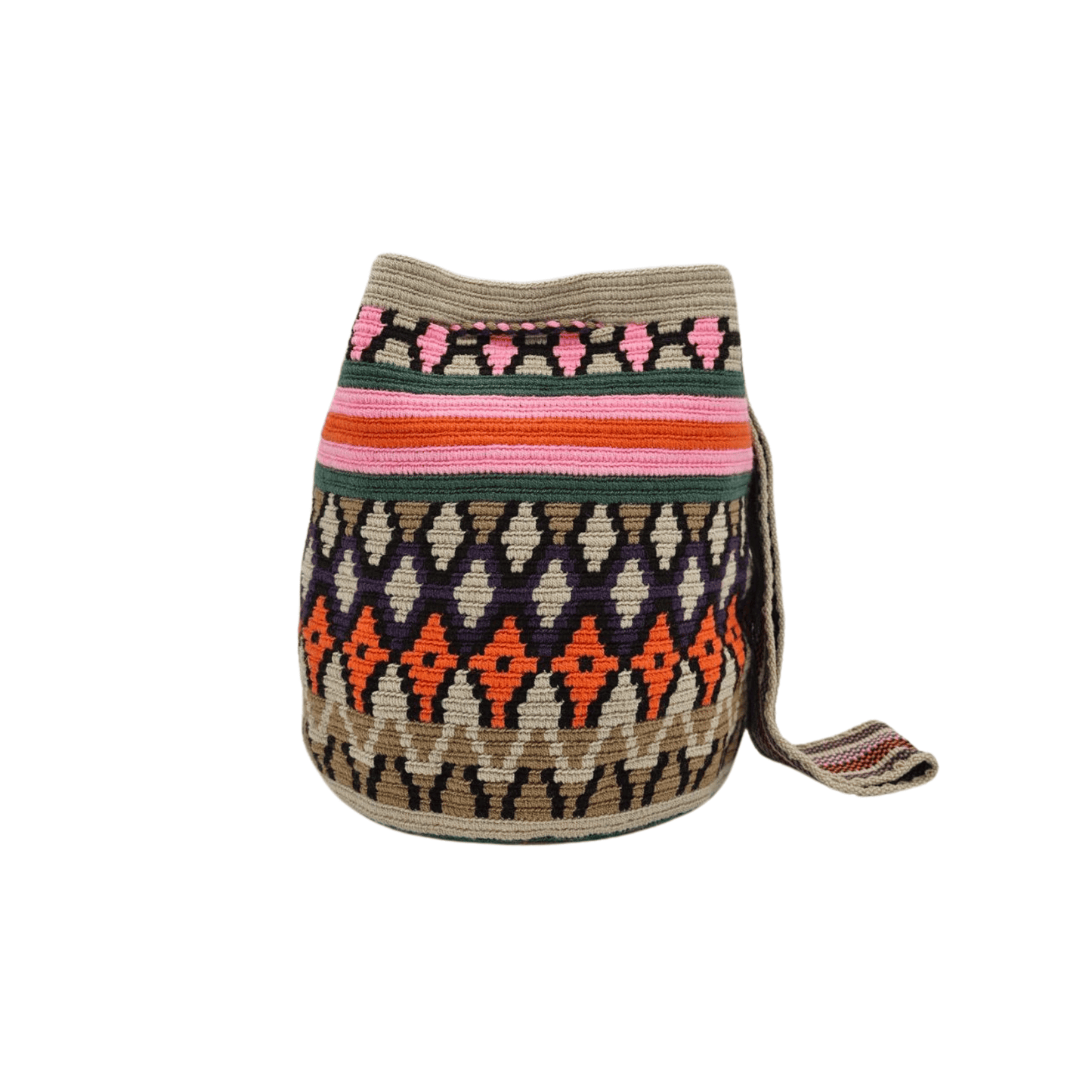 Colorful handmade Wayuu bag with a small pouch, perfect for carrying your cellphone and essentials, showcasing traditional Colombian craftsmanship and ethical fashion.