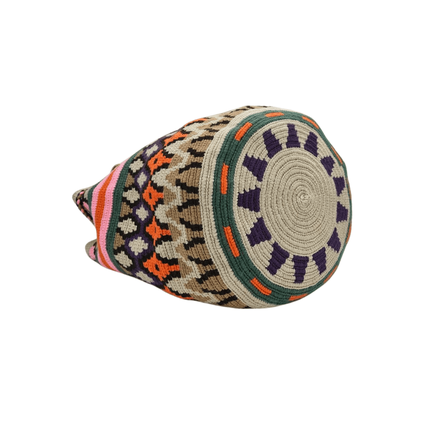 Colorful handmade Wayuu bag with a small pouch, perfect for carrying your cellphone and essentials, showcasing traditional Colombian craftsmanship and ethical fashion.