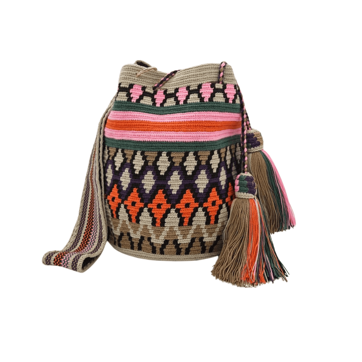 Colorful handmade Wayuu bag with a small pouch, perfect for carrying your cellphone and essentials, showcasing traditional Colombian craftsmanship and ethical fashion.