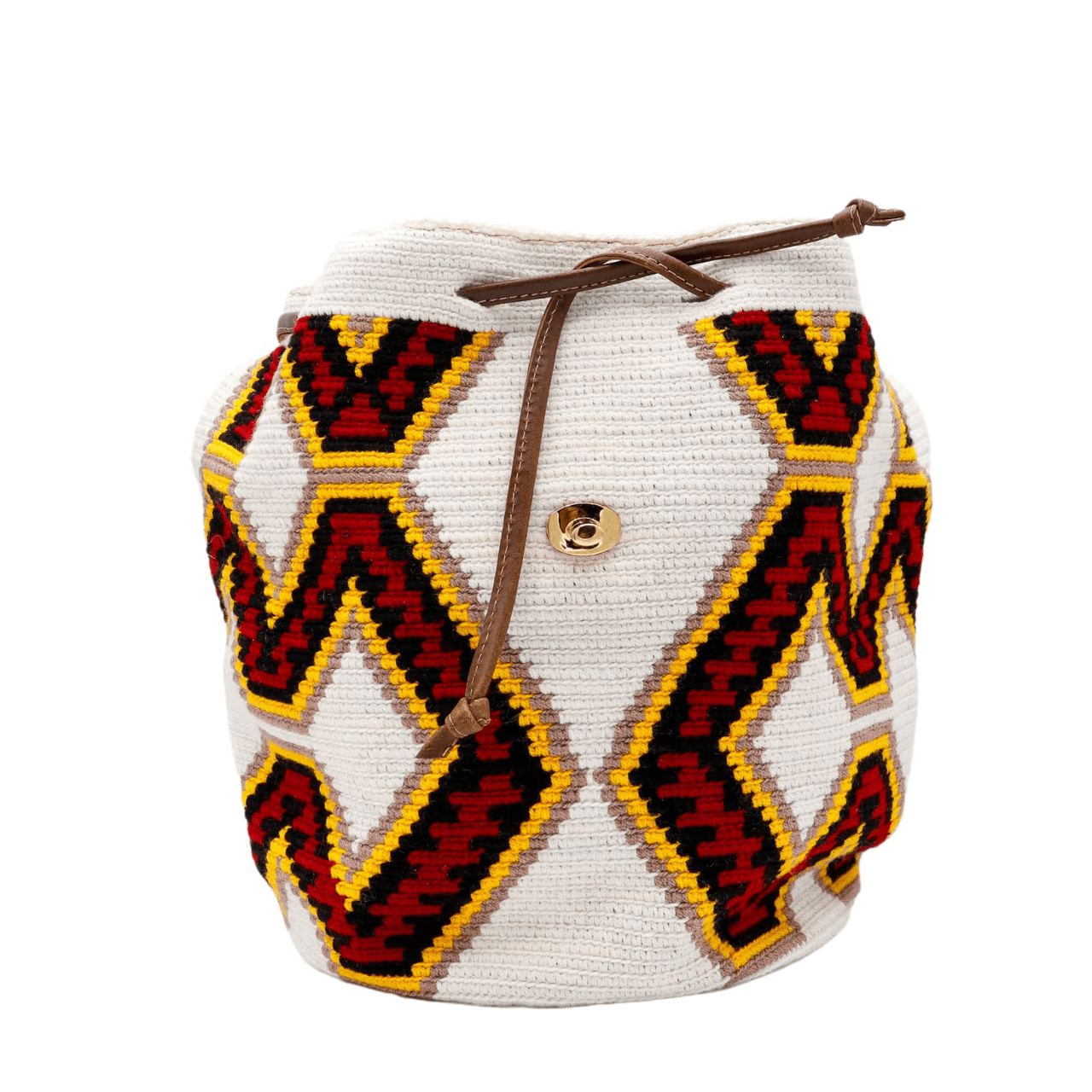 Nini backpack featuring a Wayuu body in a vibrant combination of white, red, yellow, and black, adorned with stylish accents in genuine leather. The backpack showcases a convenient side pocket and a secure double closing mechanism.