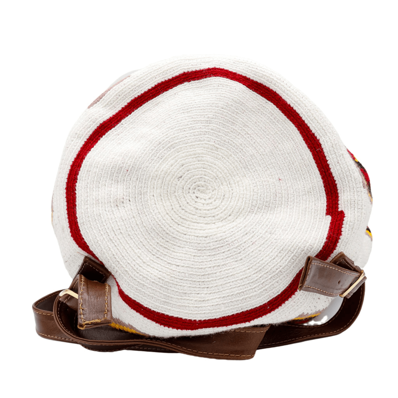 Nini backpack featuring a Wayuu body in a vibrant combination of white, red, yellow, and black, adorned with stylish accents in genuine leather. The backpack showcases a convenient side pocket and a secure double closing mechanism.