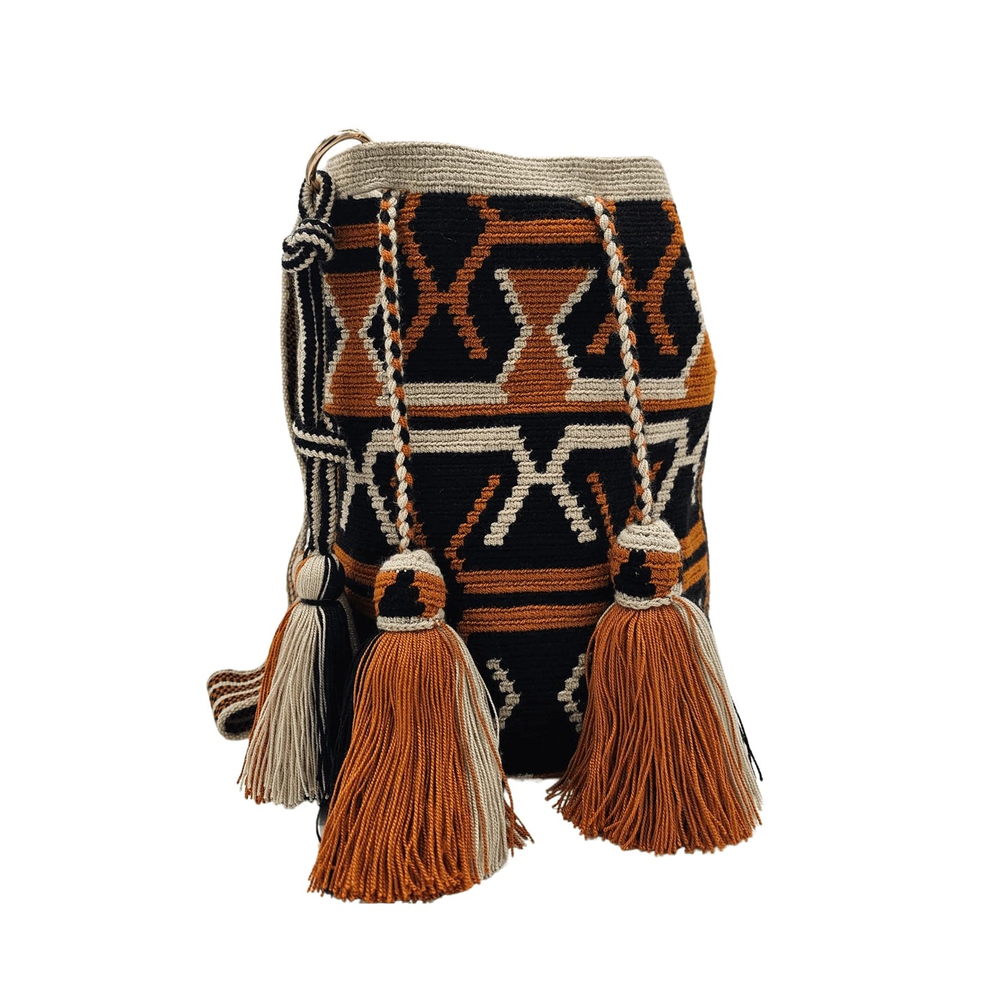 A handmade Wayuu Mochila bag from Colombia, featuring a striking geometric design and a drawstring closure with tassels.