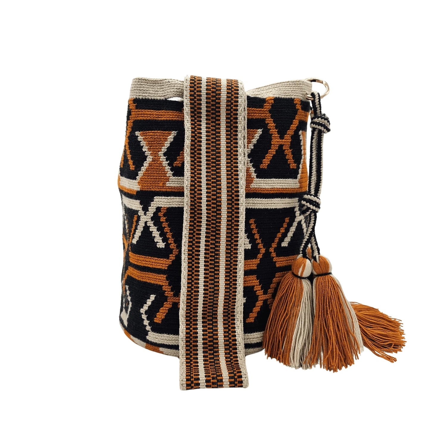 A handmade Wayuu Mochila bag from Colombia, featuring a striking geometric design and a drawstring closure with tassels.